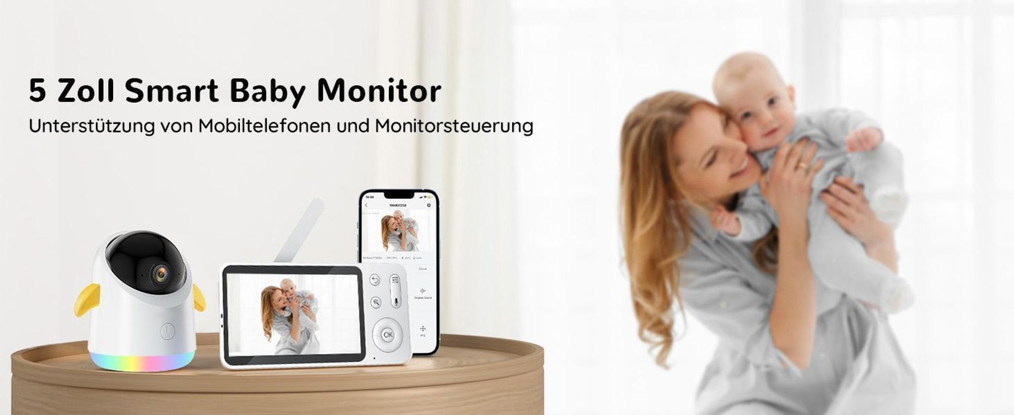5" Babyphone mit Kamera APP 360° WLAN Video Babyfone RGB Nachtsicht Weinen/Bewegungs/Geräusch-Erkennung Temperaturanzeige mit Halterung & 2*32G Karte