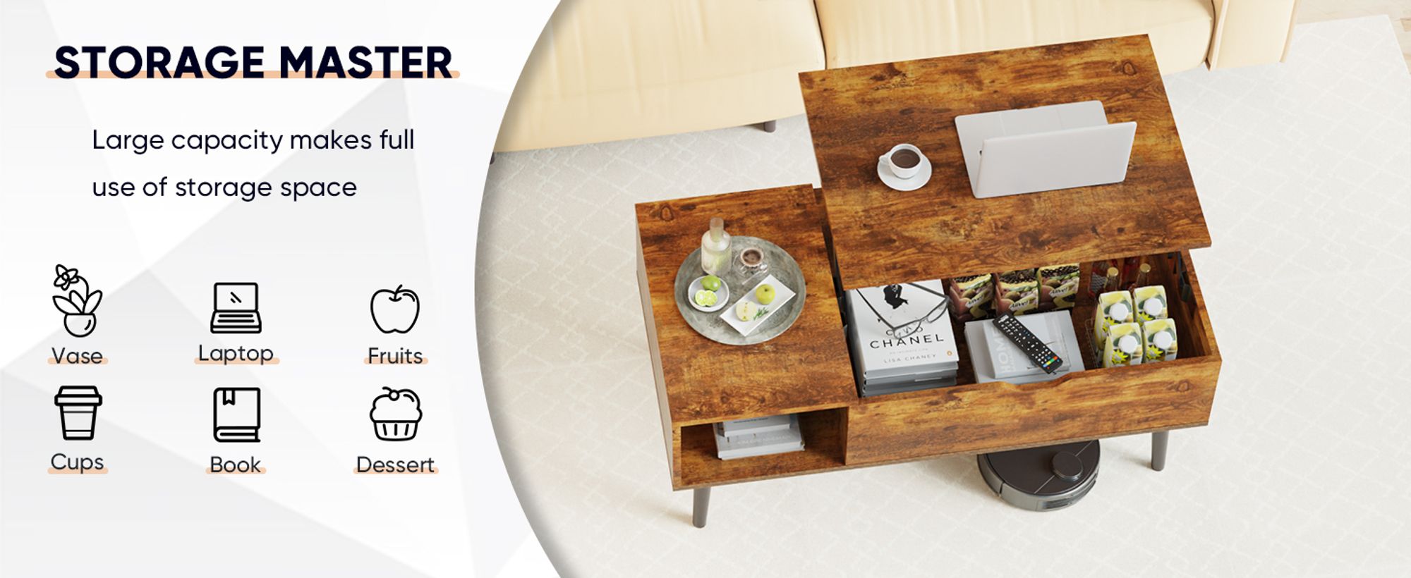 Sweetcrispy Couchtisch Höhenverstellbar, Qualität Wohnzimmertisch, Multifunktionales Coffee Table Ausziehbar, Couchtisch mit Stauraum,   (Braun)