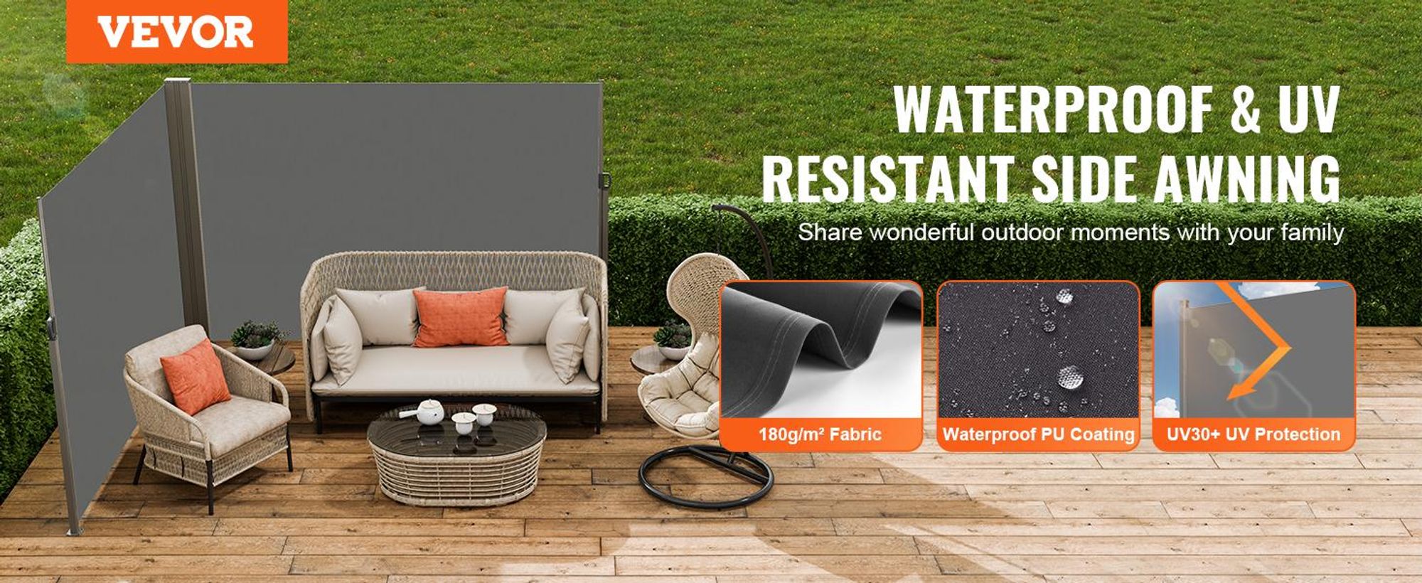 VEVOR Ausziehbare Seitenmarkise, 71''x 236'' Aluminium Außen-Privatsphäre Bildschirm, 280g Polyester Wasserfester Ausziehbarer Terrassenbildschirm, UV 30+ Raumteiler Windschutz für Terrasse, Garten, Balkon, Schwarz, Grau-200x600 cm
