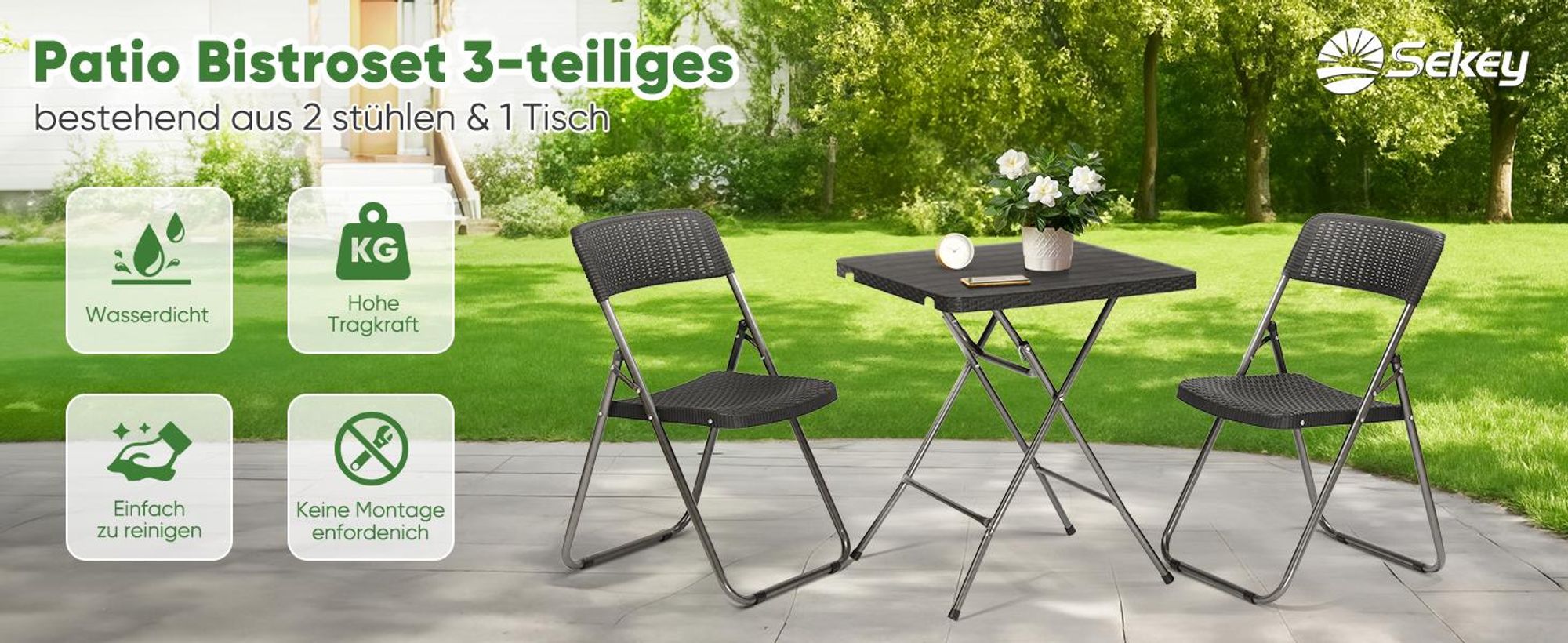Sekey Poly-Rattan Bistro-Set 3 set Balkonset Klappmöbel Klappstuhl Schwarz