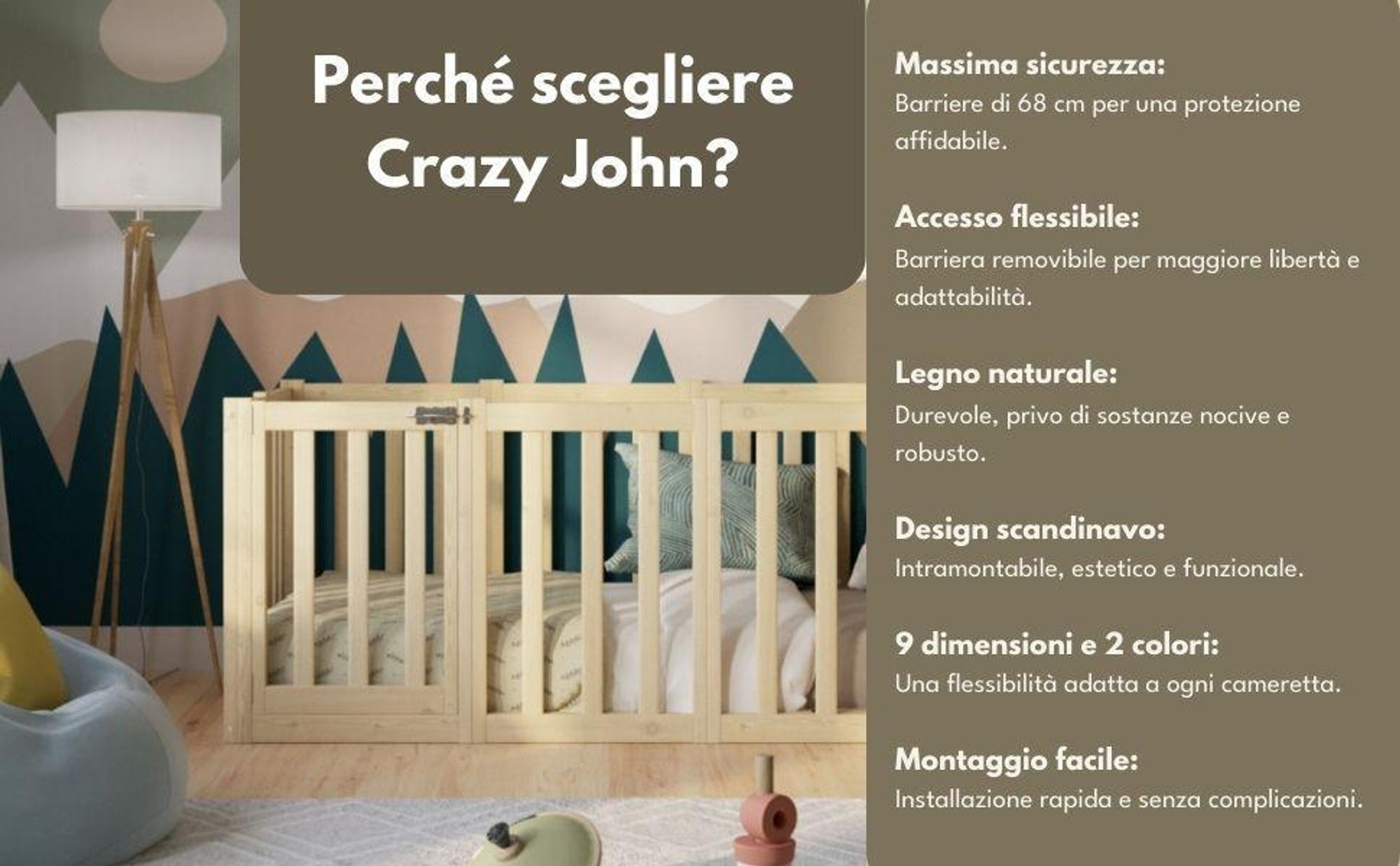 Crazy Pine Letto per Bambini 140x190 cm – Letto Montessori Bianco da Pavimento in Legno – Barriera Apribile e Protezione 73 cm – Crazy John