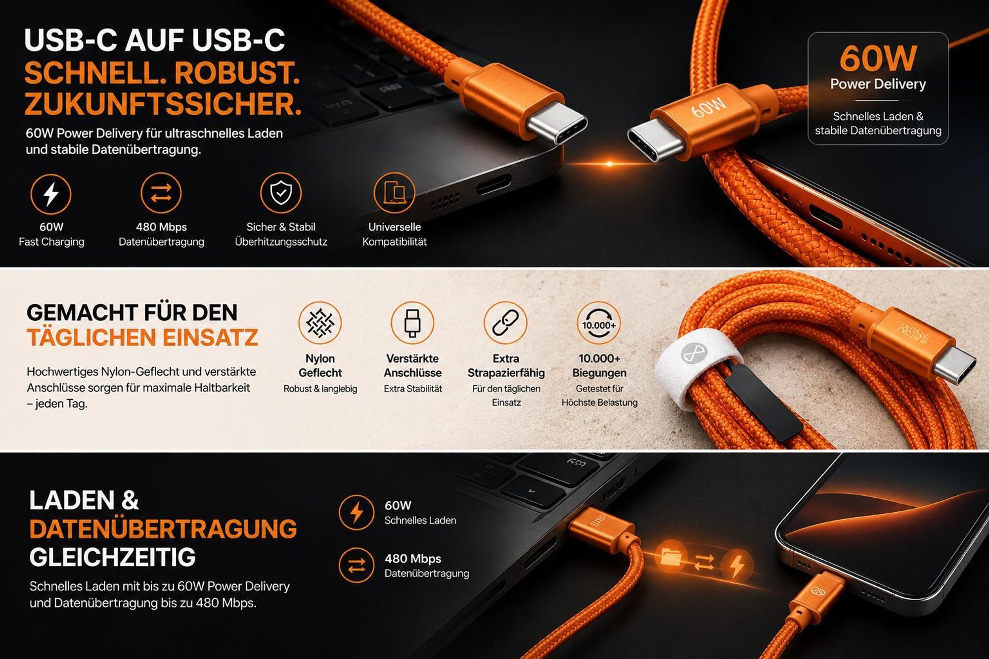 USB-C auf USB-C Kabel 60W für iPhone 18 17 16 15 Pro Max, iPad & MacBook – Fast Charging Schnellladekabel Nylon Orange