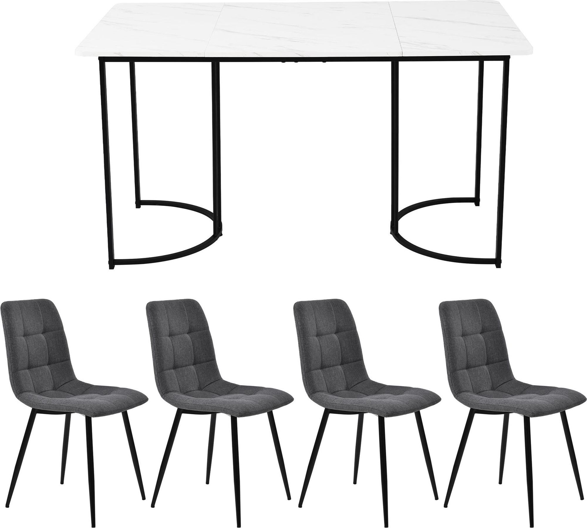 Flieks Essgruppe Esstisch mit 4 Esszimmerstuhl, Sitzgruppe Küchentischset 5tlg., Küchentisch mit 4 Esszimmerstuhl, Stuhl mit Leinenbezug, Grau Schwarz