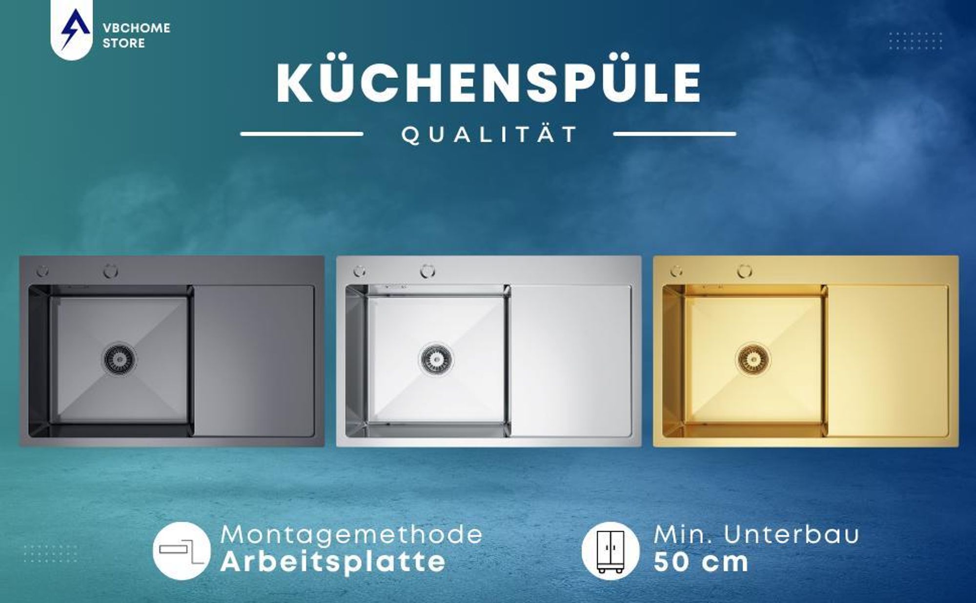 VBChome Küchenspüle 78×49 cm Edelstahl Stahlfarben mit Abtropffläche rechts – 1 Becken Spülbecken Einbauspüle Tiefe 21 cm Mindestunterschrank 50 cm
