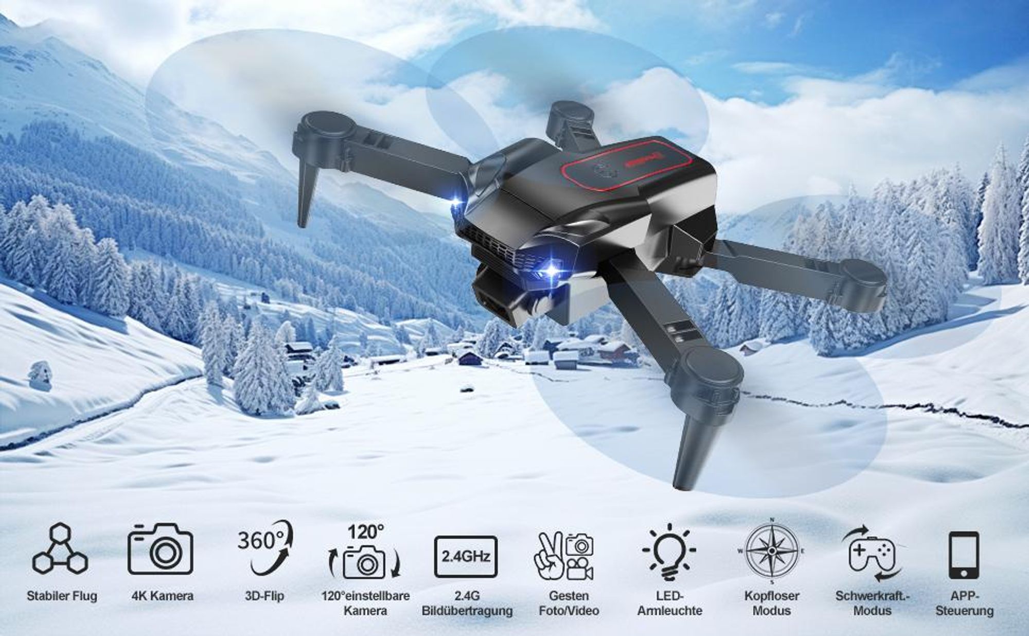 Drohne mit Kamera, RC FPV Drohne, 1080P 4K HD Kameradrohne, Quadrocopter, mit 3 Akku Lange Flugzeit, ModusAbflug/Landung, 3D-Flips, App-Steuerung