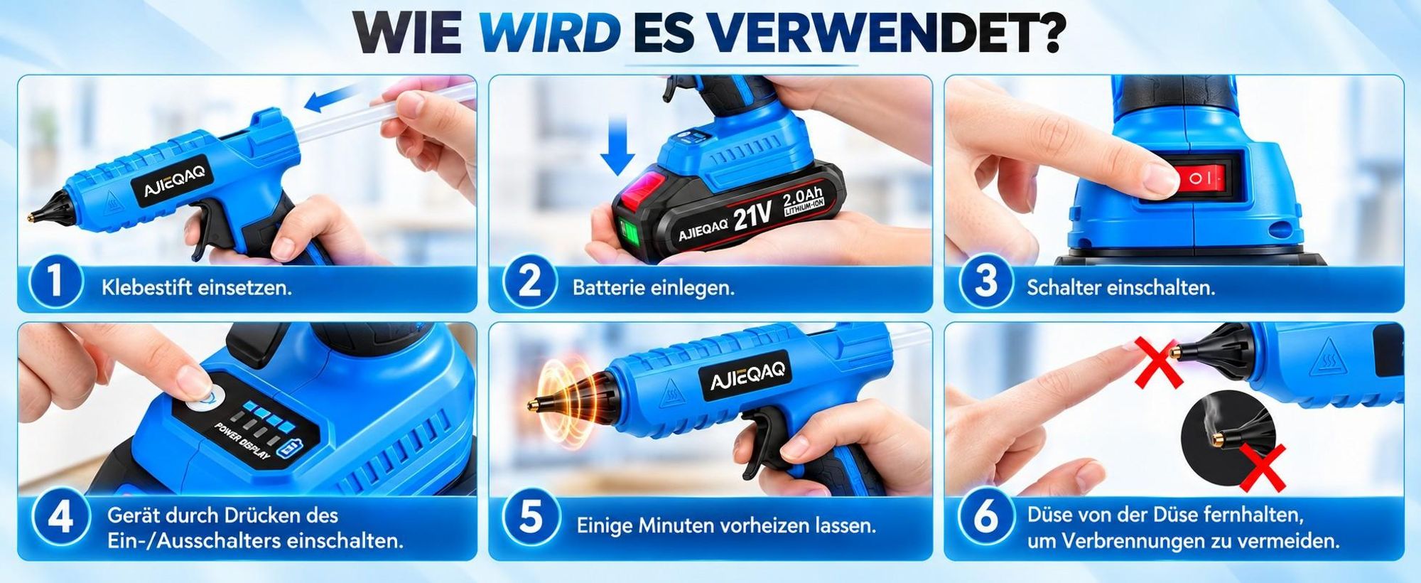 Akku-Heißklebepistole 21V, Kabellose Heißklebepistole mit 2×2,0Ah Akkus, 180°C Max., 10×11mm Klebesticks, Schnellaufheizung, für Basteln, DIY, Holz &
