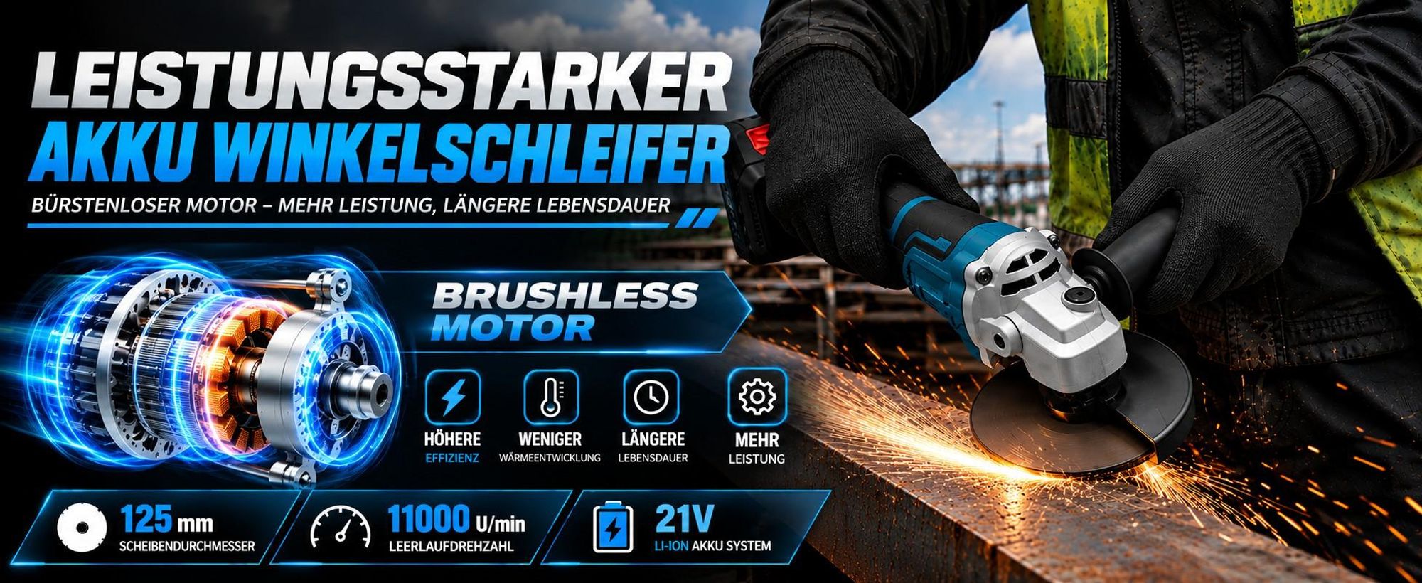 Akku-Winkelschleifer 125 mm, 21V Brushless, 11.000 U/min, 2×4,0Ah Akkus, stufenlos regelbar, zum Schneiden, Schleifen und Polieren, mit Koffer