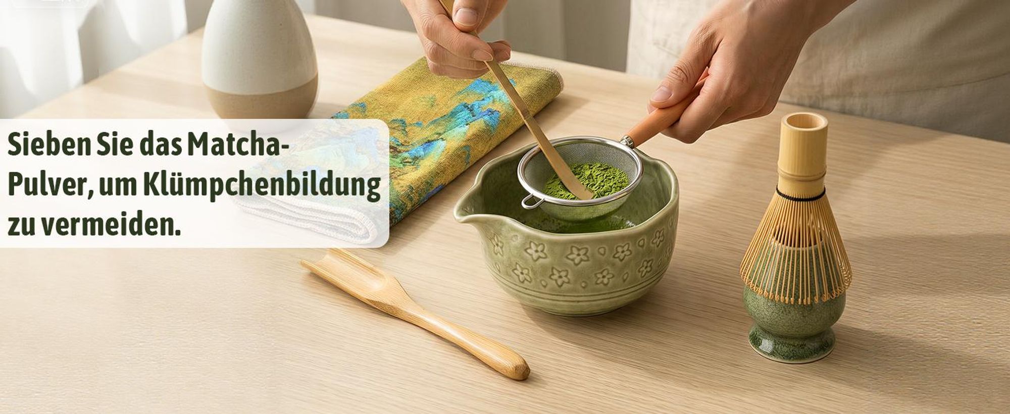 VONATES Matcha Set 9-tlg. mit Matcha-Schale, Bambus-Besener & Halter, Sieb, Löffel, Tuch, Eisform - Starter-Kit für Teezeremonie & Geschenk, Grün