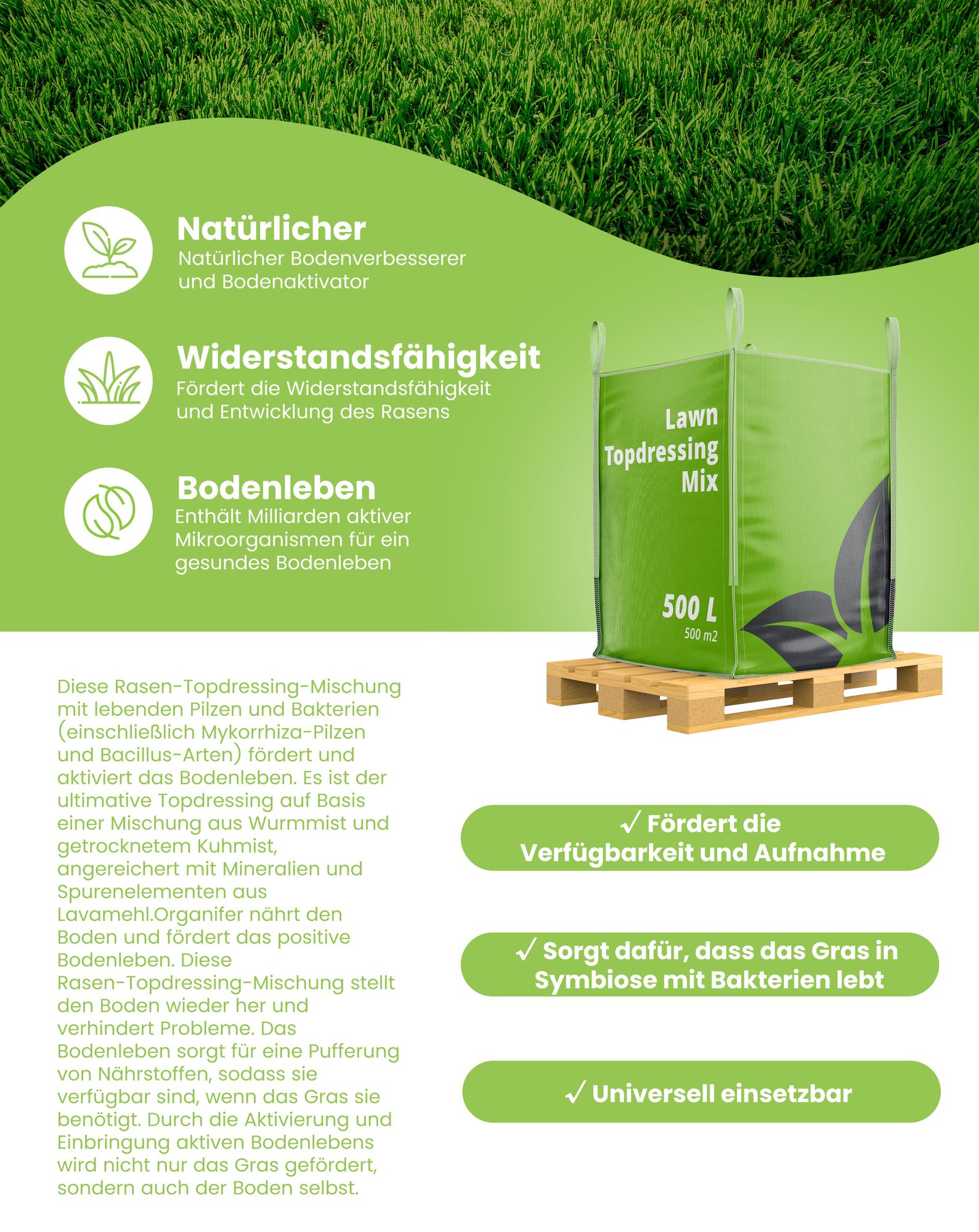 Rasen-Topdressing - Mischung mit Mykorrhiza und Rhizobakterien (Big Bag 1500 Liter - für 1500m2)- Organifer