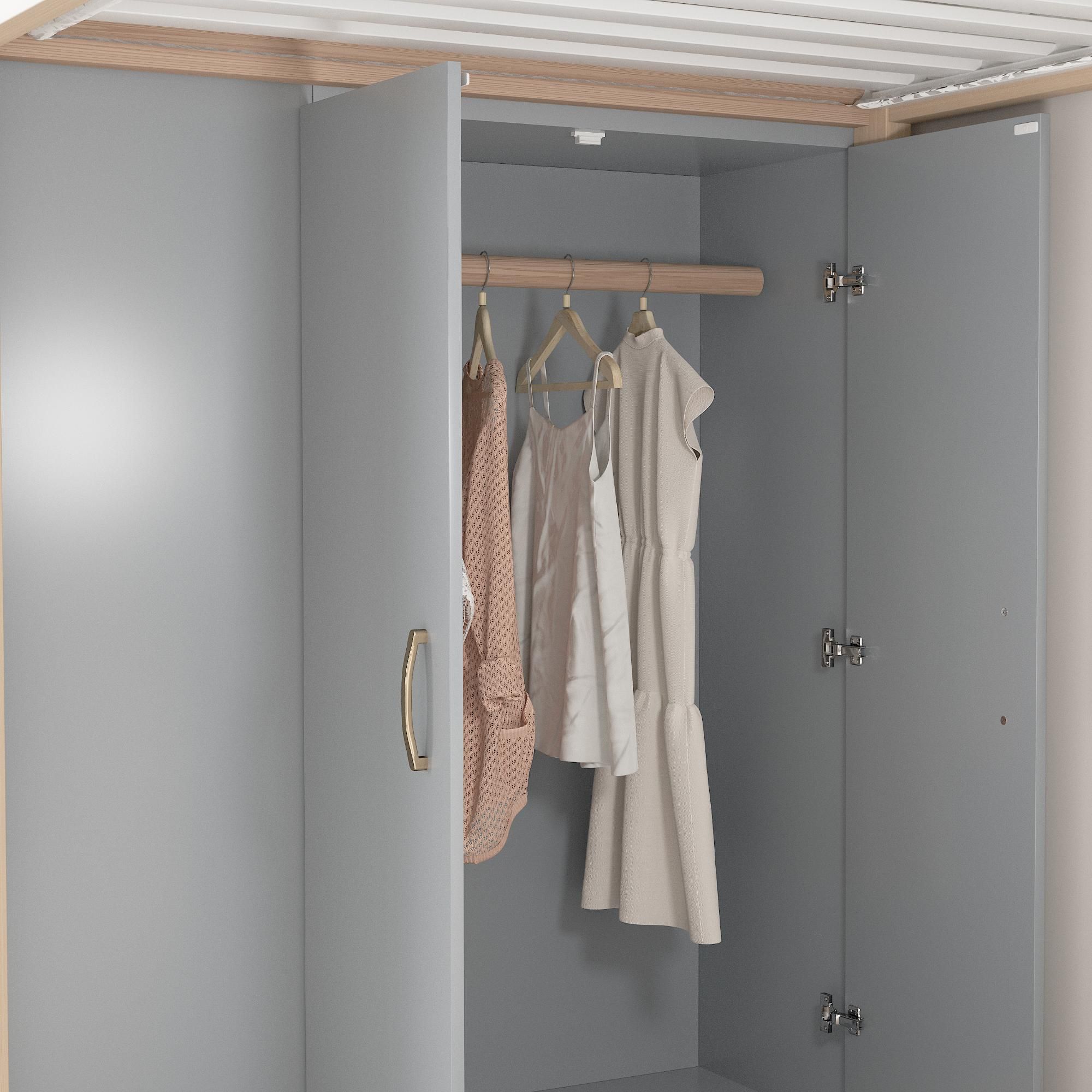 Flieks Etagenbett 90x200cm mit Kleiderschrank und Regal, Hochbett mit Treppe und Schubladen, Kinderbett mit Rausfallschutz & Lattenrost, Grau