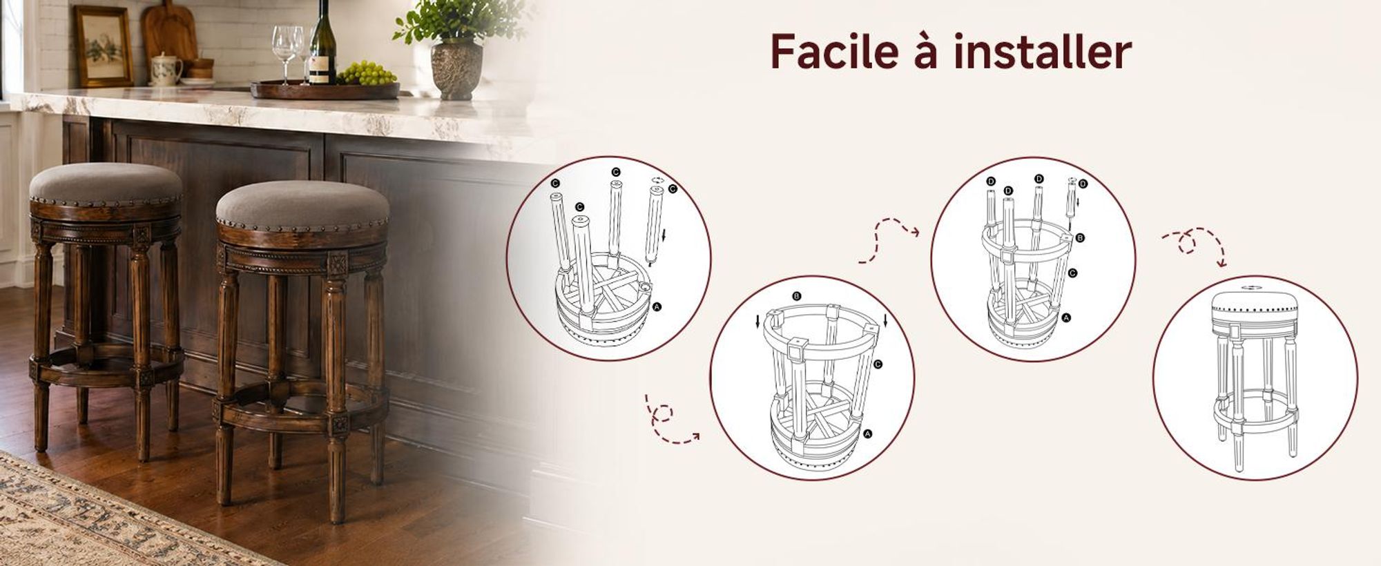 Tabouret de bar en bois pivotant, rembourré, design rétro Tabouret de bar sans dossier, antidérapant, pour cuisine et bar, 40×40×76 cm, charge maximal