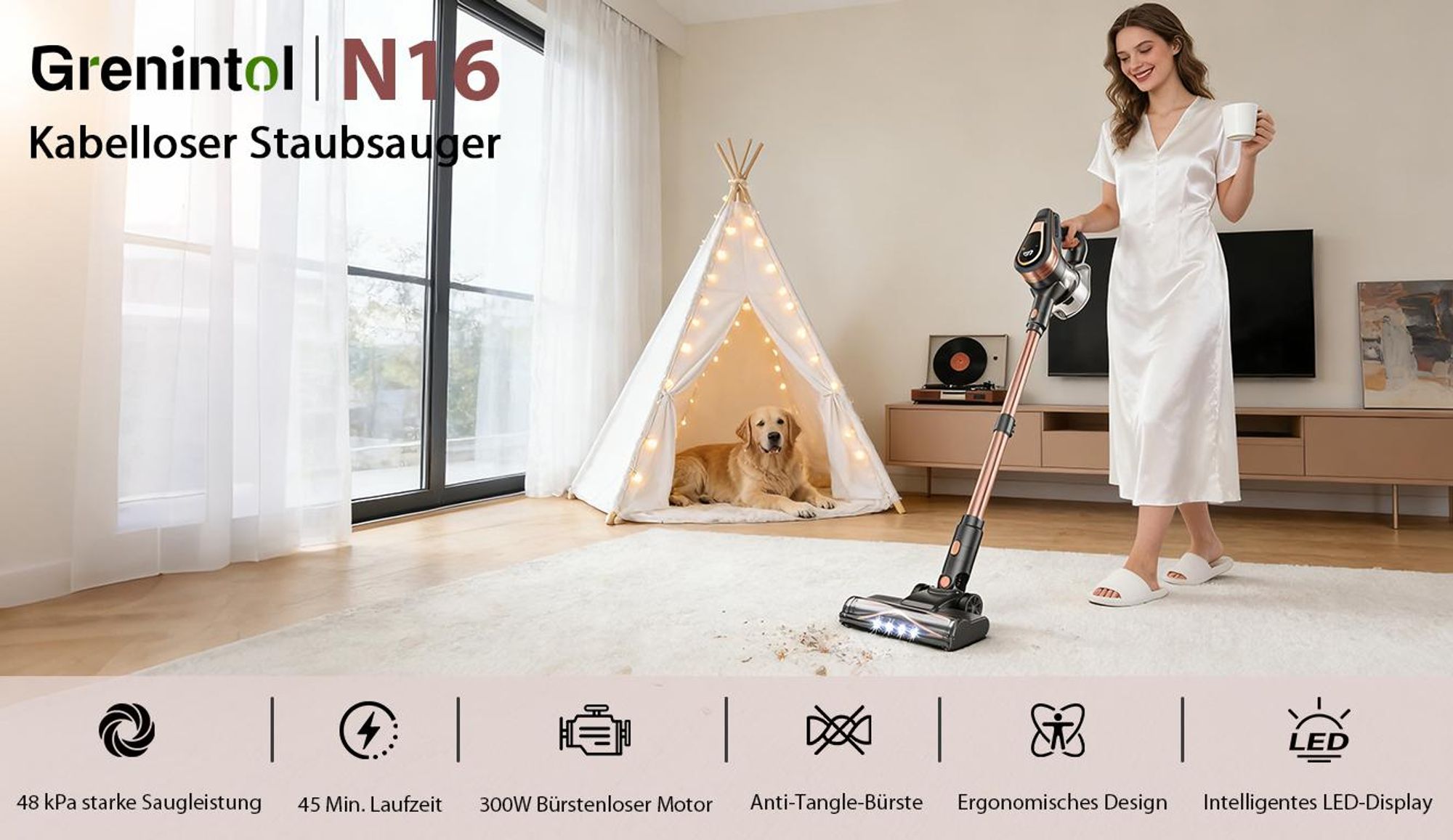 Akku Staubsauger,Akku Handstaubsauger,Akkusauger Kabelloser beutellos, 48000Pa,6×2600mAh Hochleistungsakku - Leiser Bet