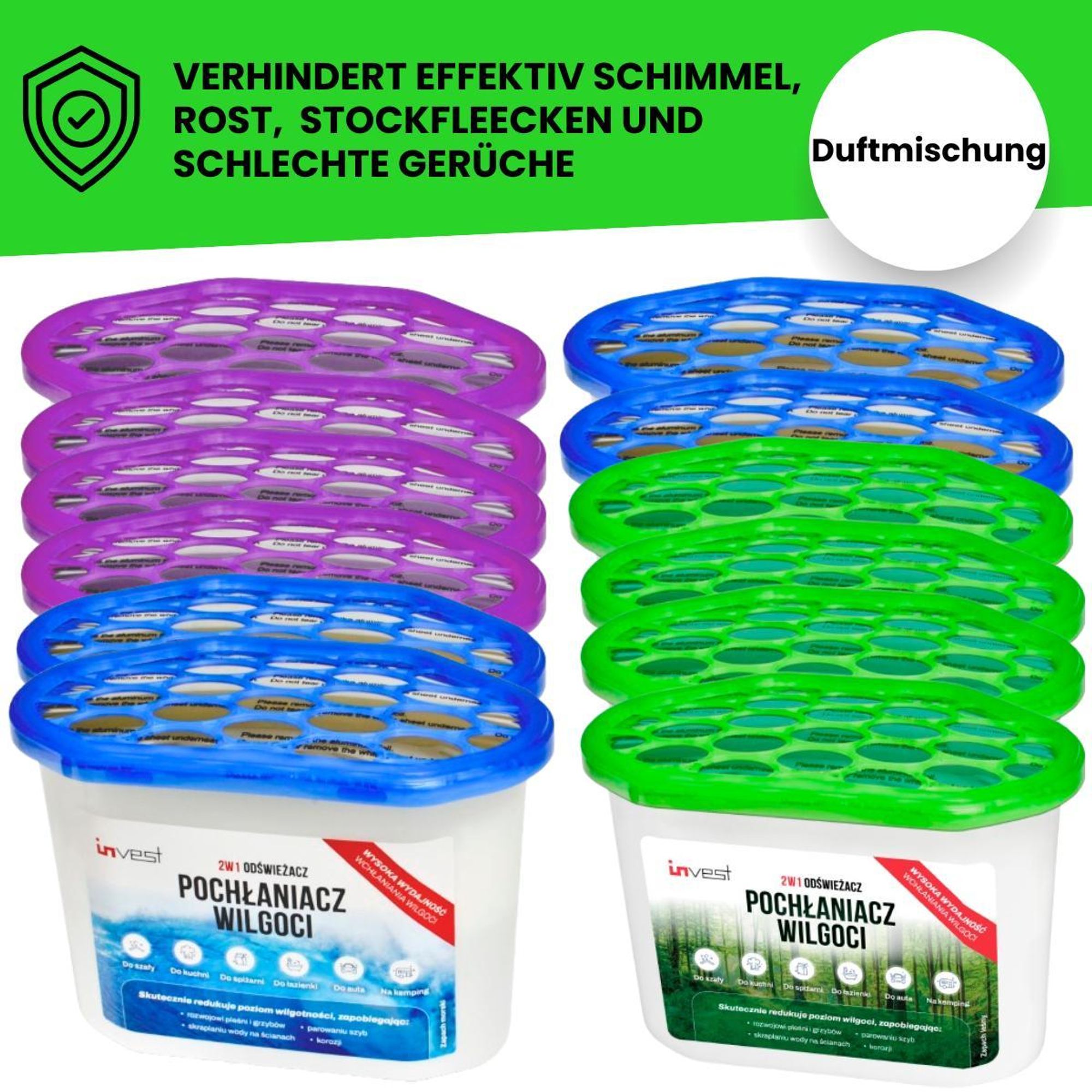 12x Luftentfeuchter ohne Strom, klein Raumentfeuchter, Feuchtigkeitsabsorber, Schutz gegen Schimmel & Gerüche, Wald-, Lavendel- und Meeresduft