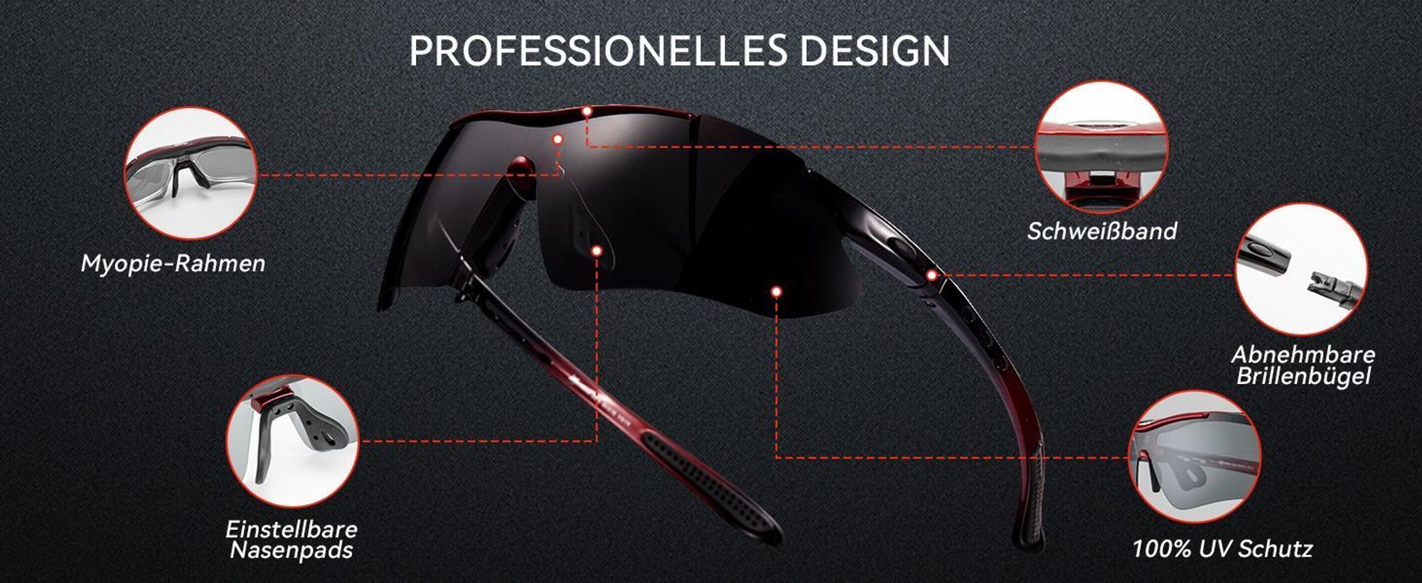 ROCKBROS Fahrradbrille Polarisiert Brille UV400 Schwarz Rot