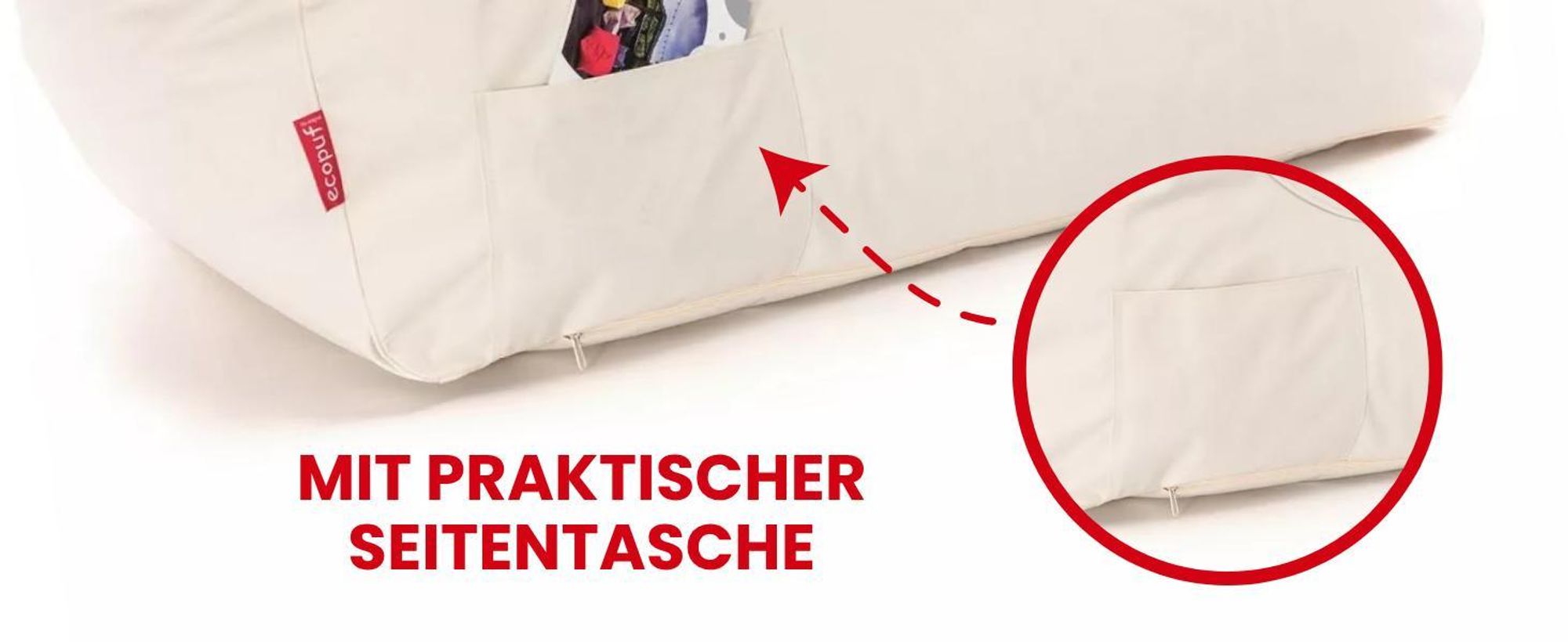 Seitentasche eines Sitzsacks für den Outdoor-Bereich – praktische Zusatzfunktion.
