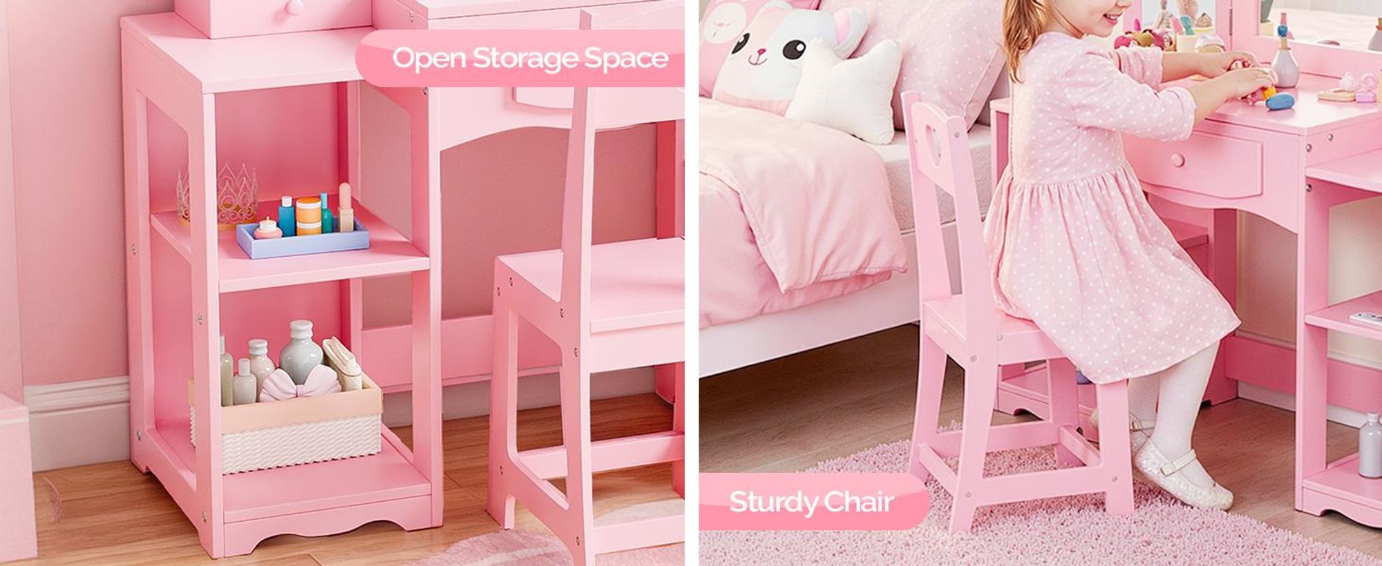 FCH Kinder Schminktisch Prinzessin mit Hocker, Frisiertisch mit dreifach klappbarem Spiegel, Regale, Schublade, Rosa