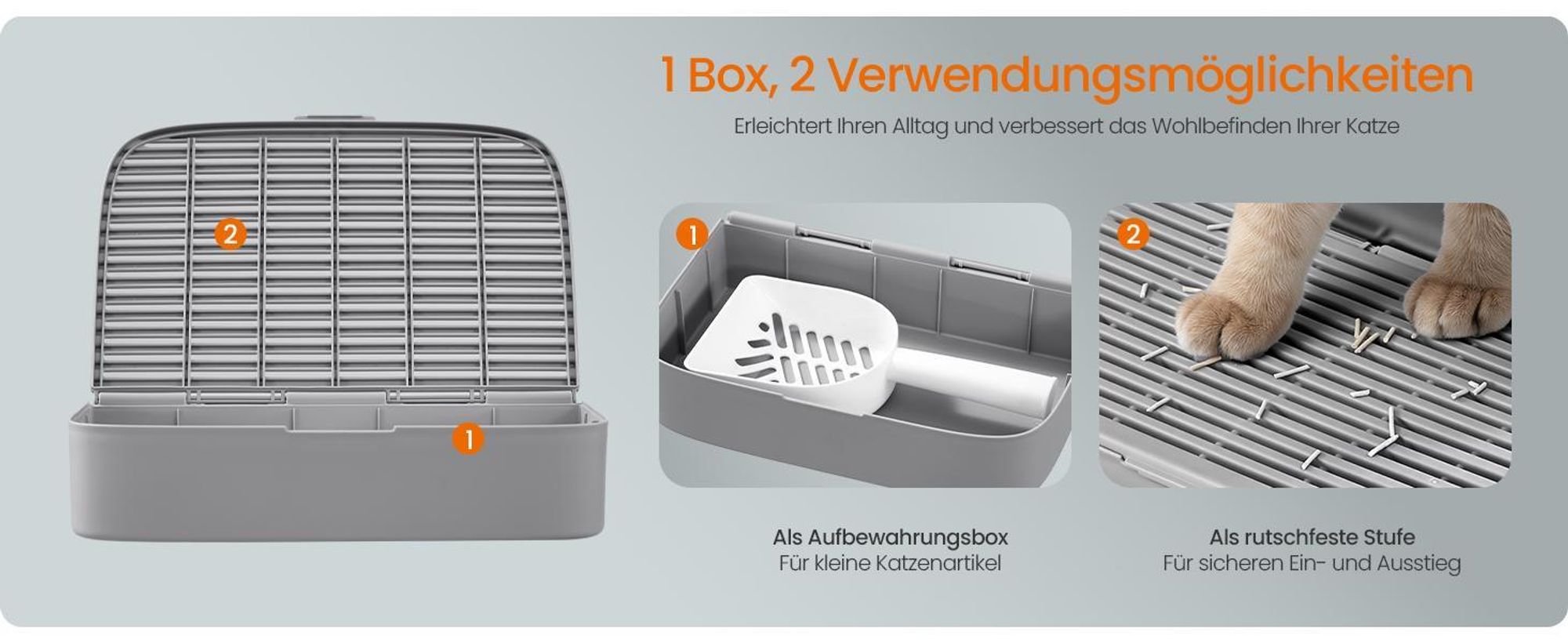 Feandrea Katzenklo Edelstahl, Katzentoilette mit Deckel, mit Schaufel, Katzenstreumatte und 2 Eingängen, für Katzen bis 15 kg, hellgrau