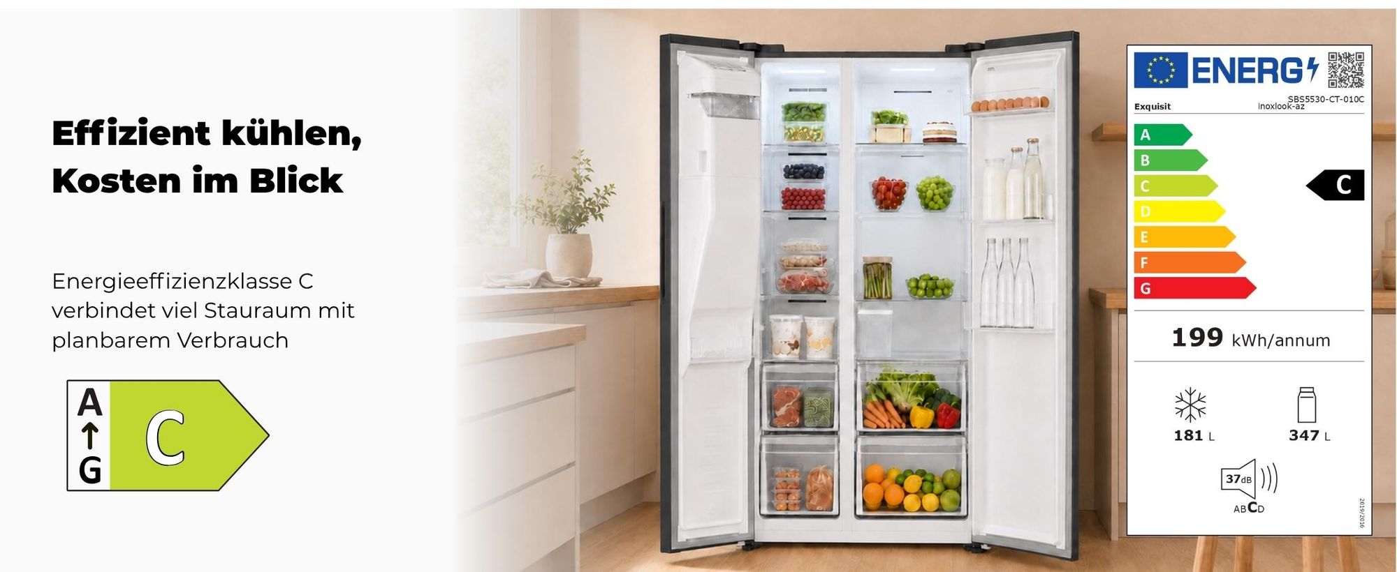 Exquisit Side by Side 528 l No Frost | Energieklasse C | leise 37 dB | Wasserspender | freistehend | SBS5530-CT-010Cinoxlook-az
