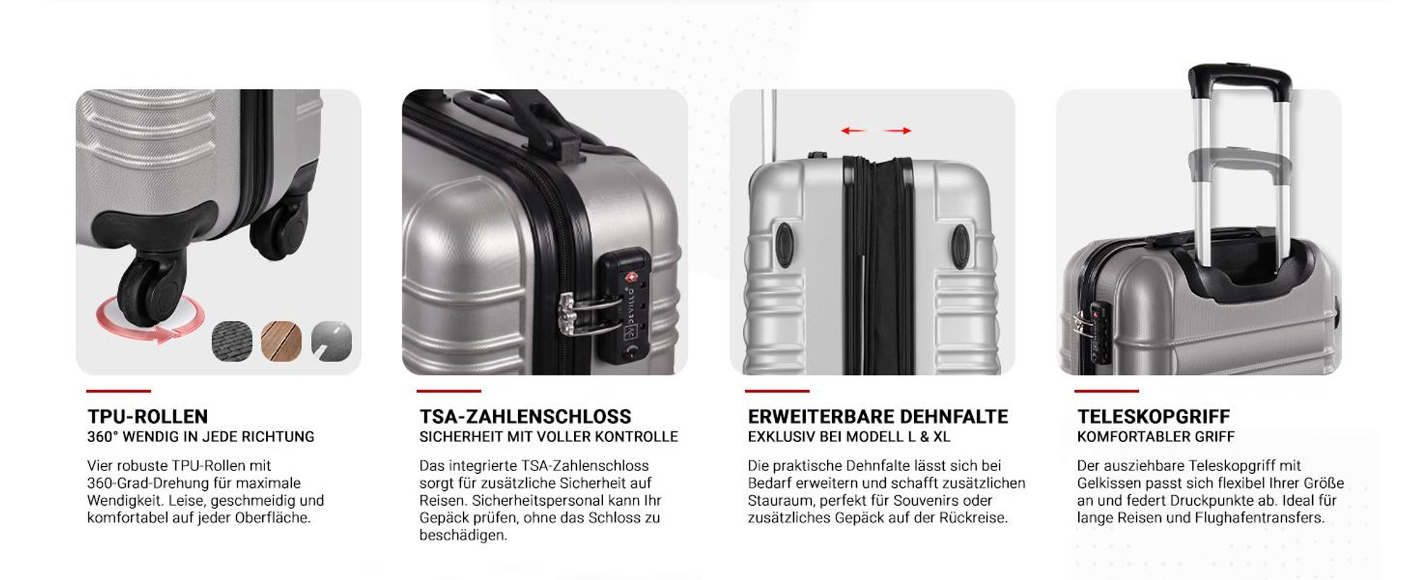 Devillo® Kofferset 4tlg. S-M-L-XL, Silber - Trolley Koffer Reisekoffer Reisekofferset Gepäck Rollkoffer TSA 4 Rollen ABS-Hartschale Teleskopgriff