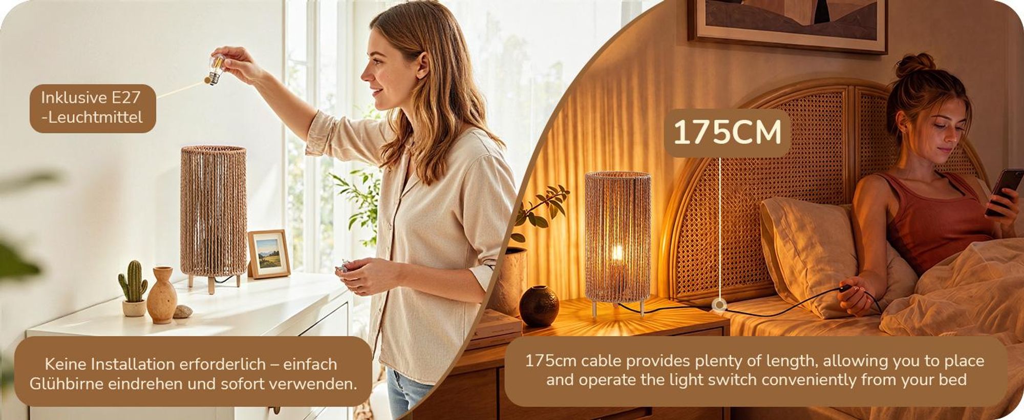 EDISHINE Nachttischlampen 2er-Set, gewebter Papierseilschirm, inkl. 4W LED  Moderne Tischlampe mit Metallgestell, E27 Fassung, 2700K Warmweiß