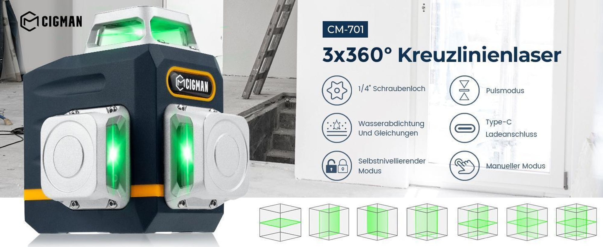 CIGMAN CM701 Niveau laser, Autonivelant 360°, Nivellement 3D, Portée 30M, Télécommande, Support double