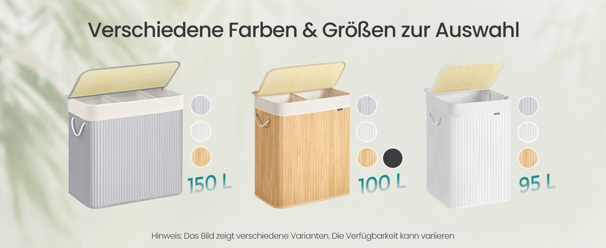 SONGMICS Wäschekorb 2 Fächer, 100 L Wäschesammler mit Deckel, Wäschebox Bambus, mit Griffen, faltbar, Wäschesack herausnehmbar maschinenwaschbar