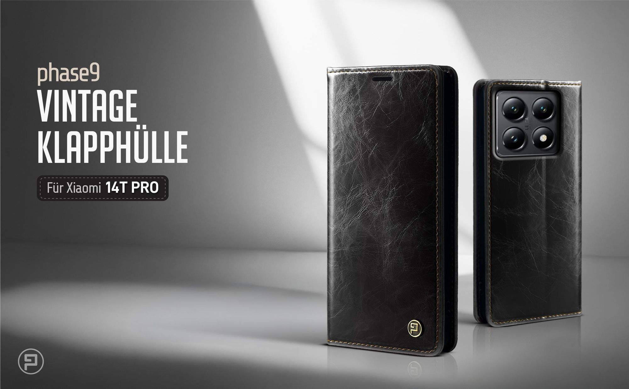 Schwarze Klapphülle für Xiaomi 14T Pro im klassischen Vintage Look