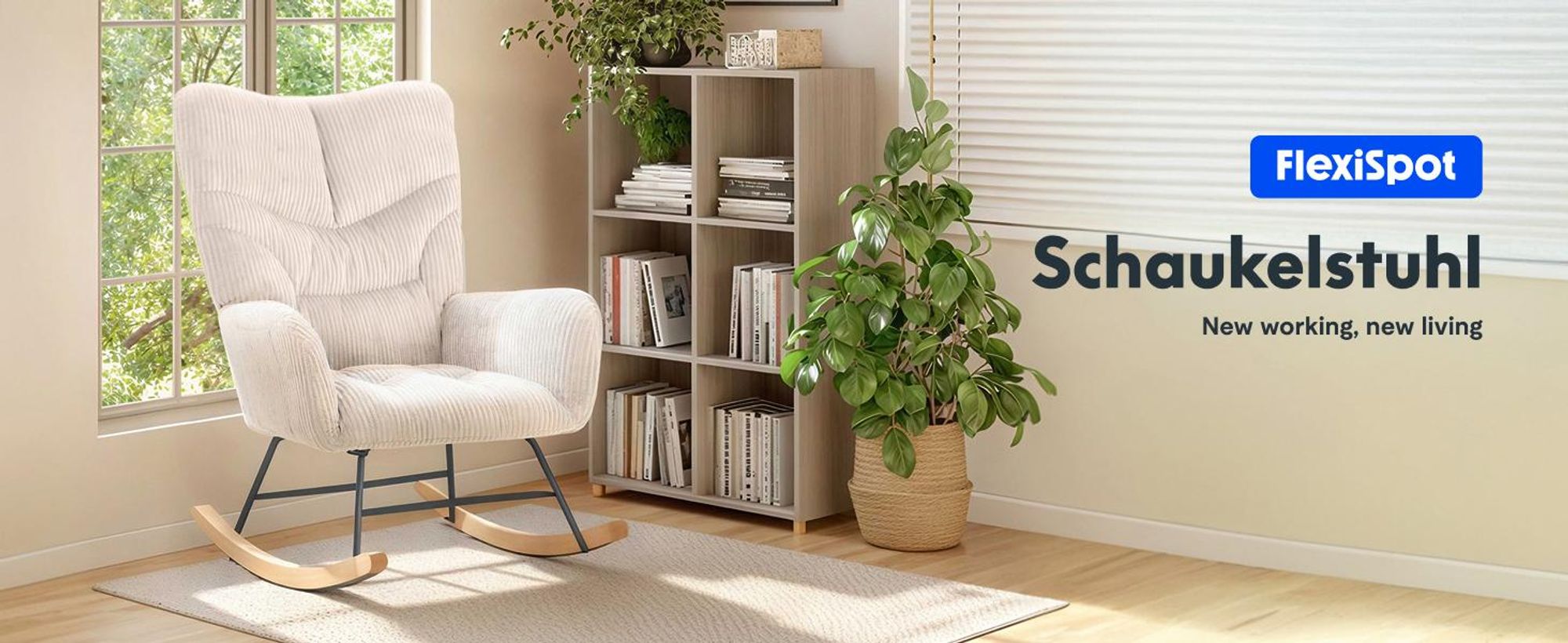 FLEXISPOT Schaukelstuhl Schaukelsessel hohe Rückenlehne & Armlehnen, Moderner Relaxsessel mit Holzkufen, gepolstert für Wohnzimmer, bis 120 kg Weiß