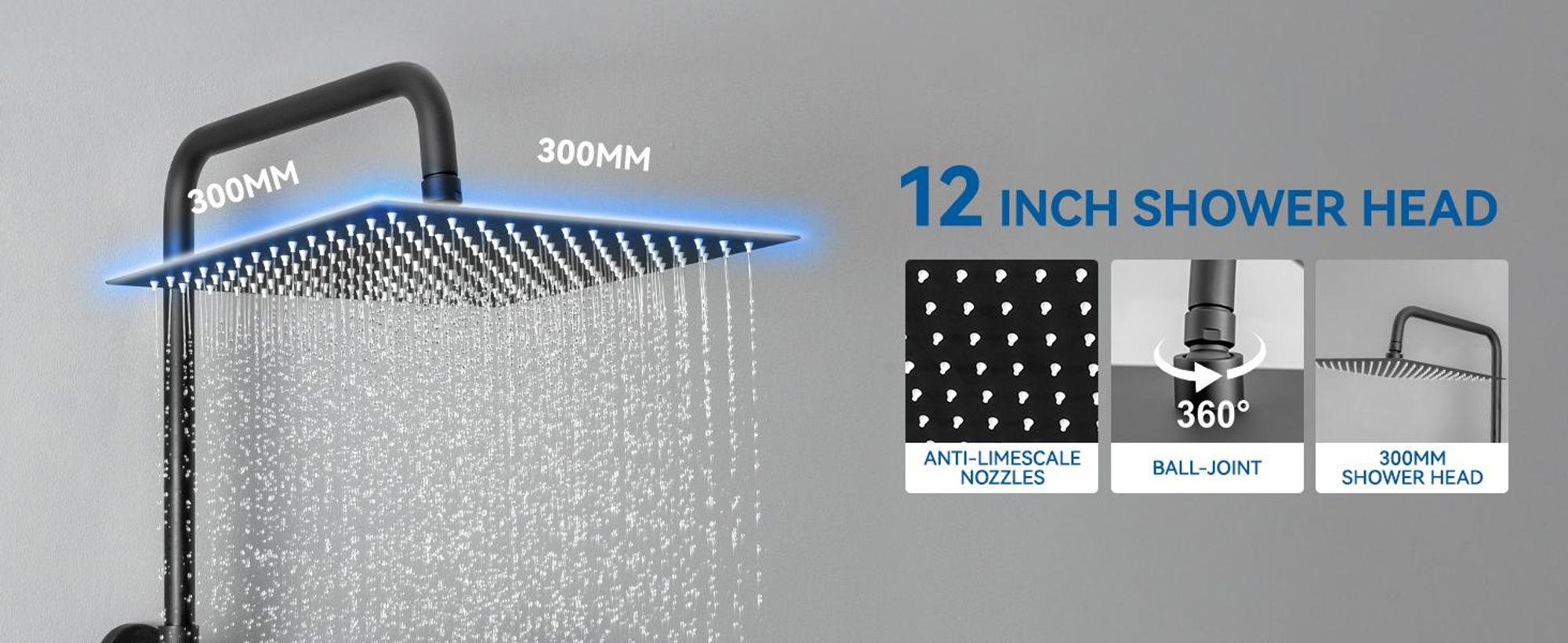 Auralum Duscharmatur Komplettset, Edelstahl mit Thermostat Armatur, 30 CM Regendusche, 5 Strahlarten und Höhenverstellbarer Duschstange (Schwarz)