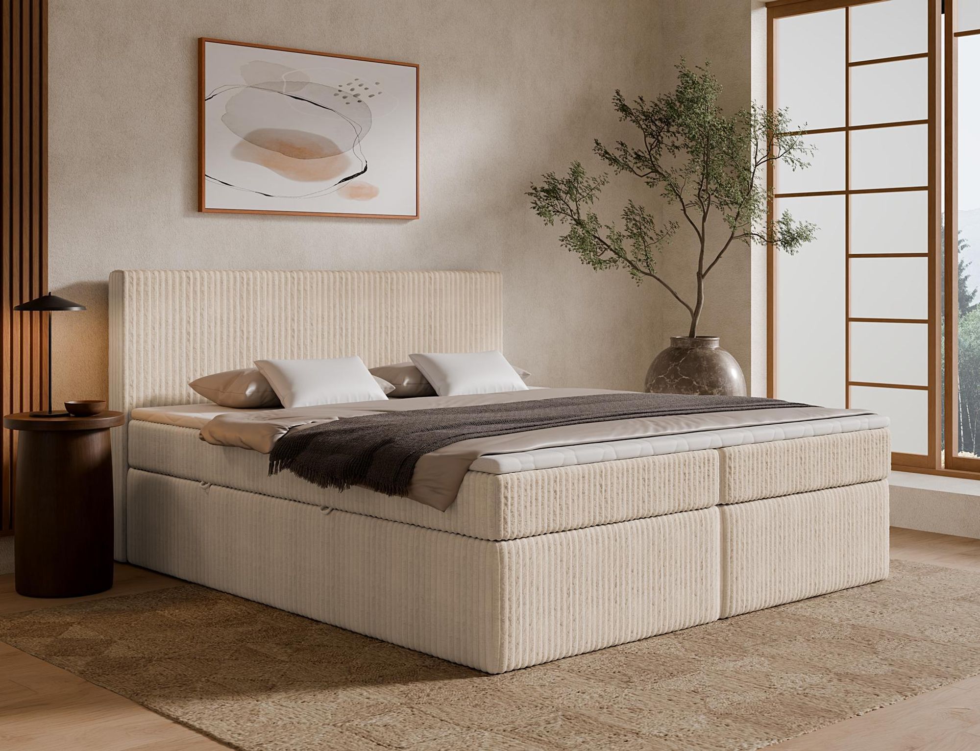 Boxspringbett TILIA ONE in Beige mit Topper und hohem Kopfteil