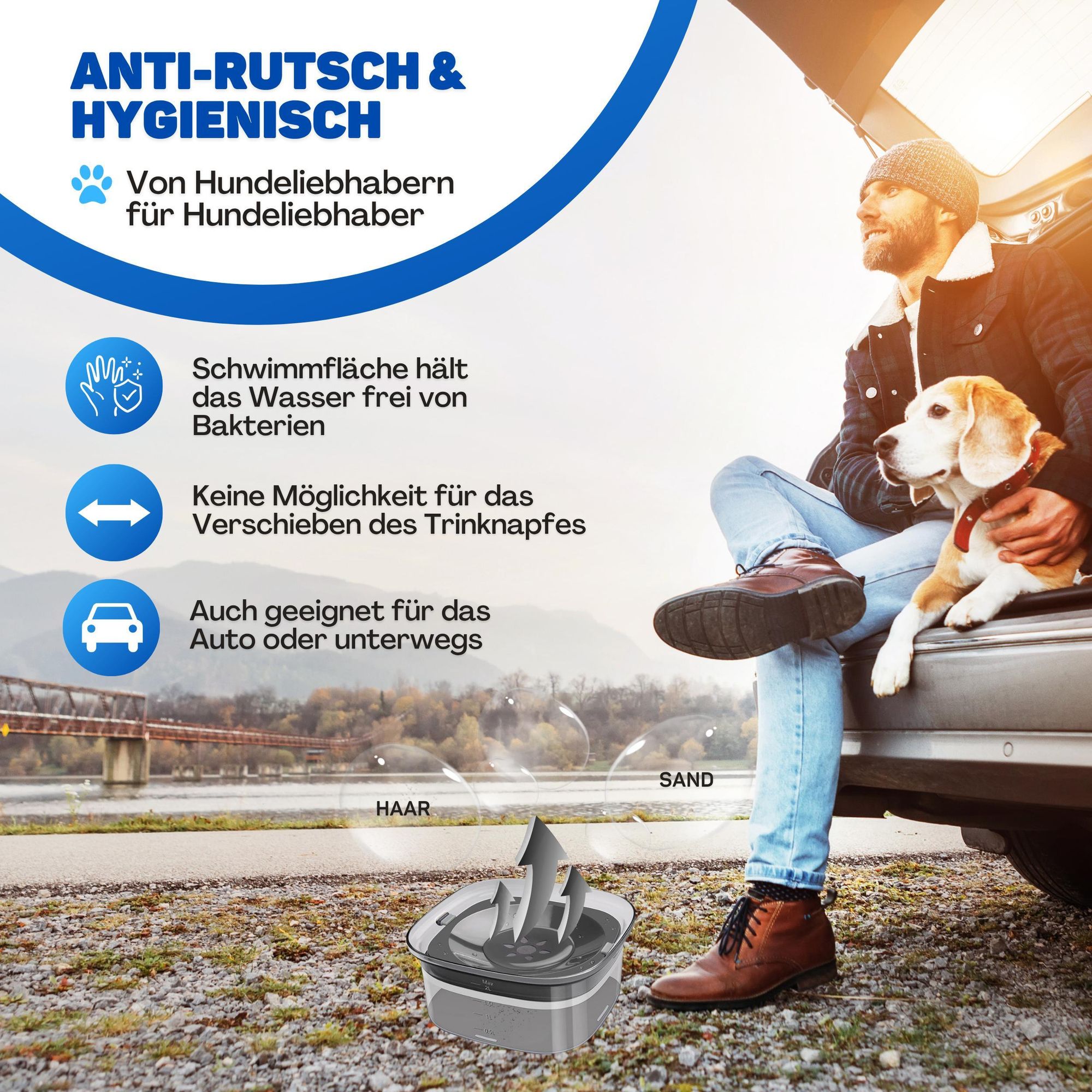 Vulpes Goods Wassernapf für Hunde, 2L Auslaufsicher Trinknapf Reisenapf, rutschfest Katzen Hund Haustiere Hundenapf Anti-Schwapp Wasserspender für Haustier