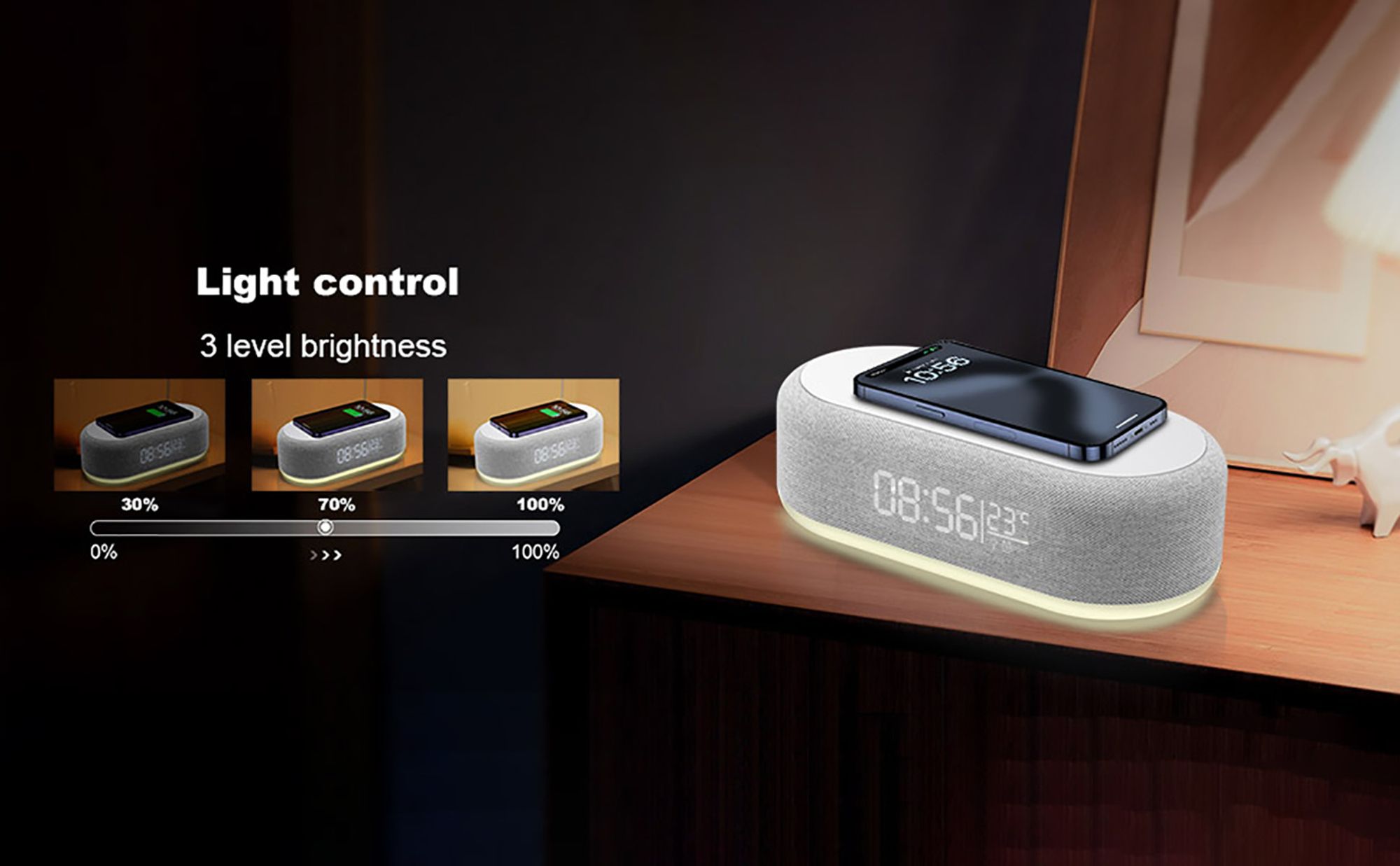 4 in 1 Wecker Digital mit Ladestation,15W Kabelloses Schnell Ladegerät,LED-Display mit Temperatur,Alarm Clock 3 dimmbares Nachtlicht und USB-Ladegerät