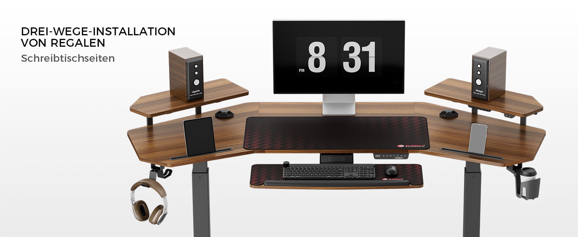 EUREKA ERGONOMIC Elektrisch Computertisch 182×76cm Höhenverstellbarer Schreibtisch Stehpult Gaming Tisch mit Monitorständer und Tastaturablage
