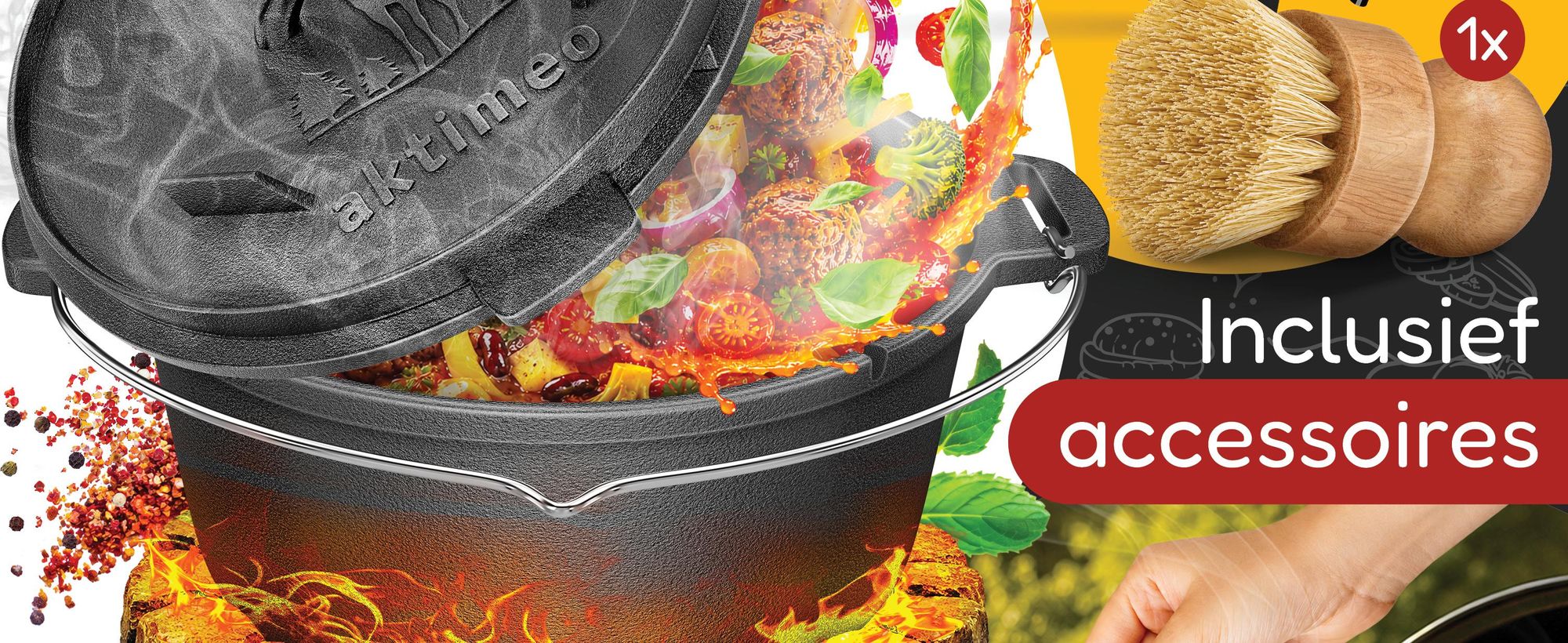 aktimeo Dutch Oven 12,0 L gietijzeren pan met deksel incl. accessoires en receptenboek