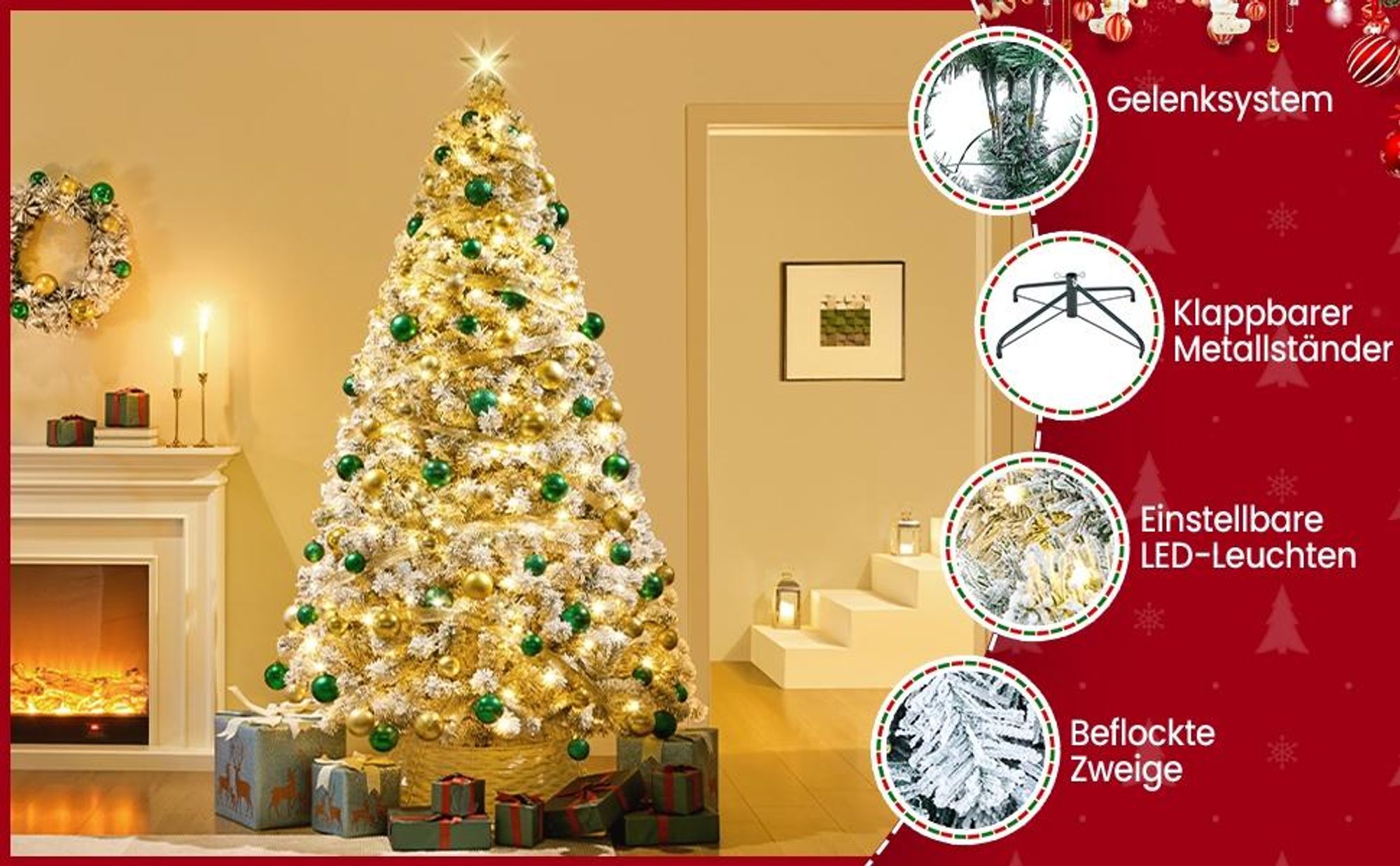 Yaheetech 213cm Künstlicher Weihnachtsbaum mit Schnee & 350 LED, ca.1000 Spitzen, Tannenbaum mit Metallständer, Weiß & Grün