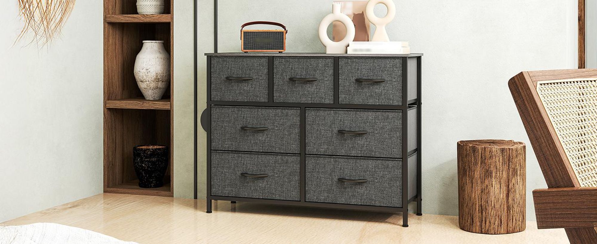 YITAHOME Kommode mit 7 Stoffschubladen, Schubladenschrank Sideboard, 100x30x77cm, Dunkelgrau