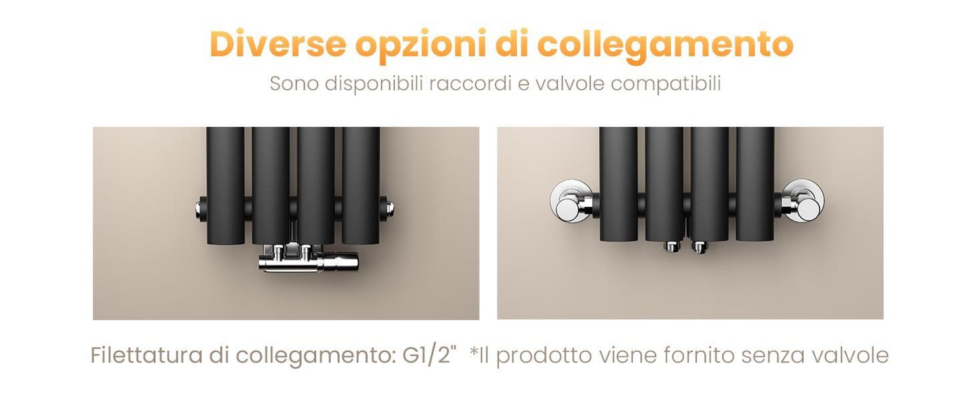 Radiatore tubolare di design EMKE per il funzionamento ad acqua calda con attacco centrale verticale ovale a doppio strato 678 watt 24 cm x 180 cm antracite senza elemento riscaldante