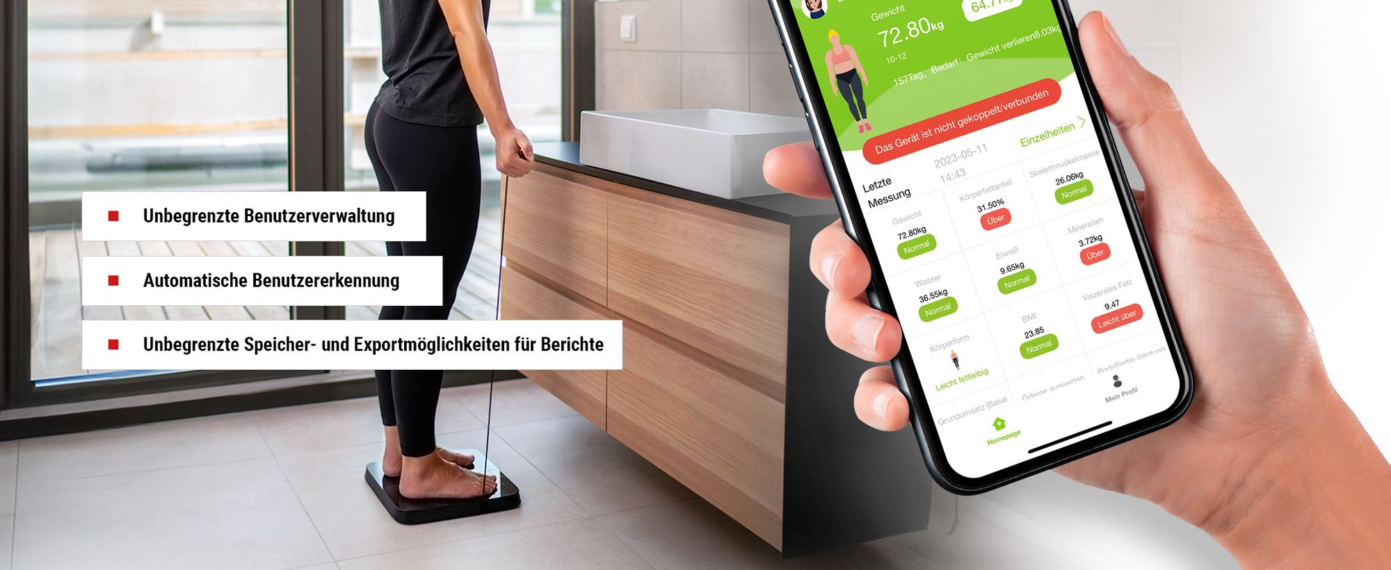 HAMMER Körperanalysewaage Body Screen TX, schwarz, 8 Sensoren, 15 Messungen inkl. App