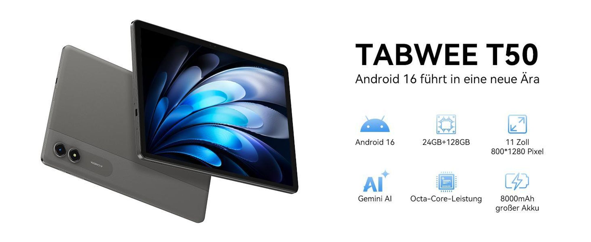 TABWEE Tab50 Tablet Inkl. Schutzhülle und Stift, Android 16 und Gemini-KI, 11 Zoll,  5G wifi, 24GB(6+18)RAM+128GB, 8000mAh Reverse Charging