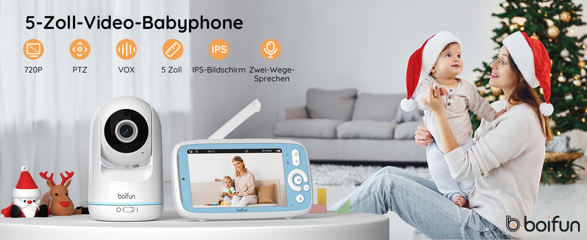 BOIFUN Babyphone mit Kamera ohne WLAN,Automatische Nachtsicht Babyfon , 5 Zoll 720P IPS Bildschirm VOX