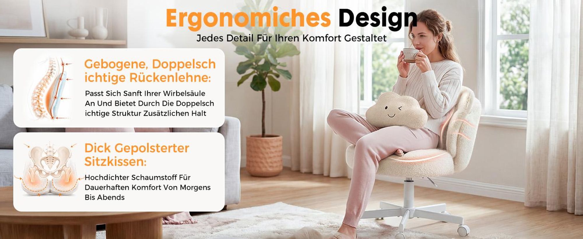 COMHOMA Bürostuhl Schreibtischstuhl, Schminkstuhl mit Rollen Doppelter Rückenlehne und Wolkenkissen, Höhenverstellbarer Drehstuhl, Teddystoff, Beige