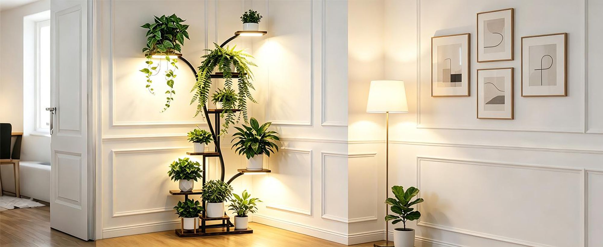 FATIVO Regał na kwiaty 8 poziomów 165 cm z lampą do roślin, metal i drewno, na 8 doniczek