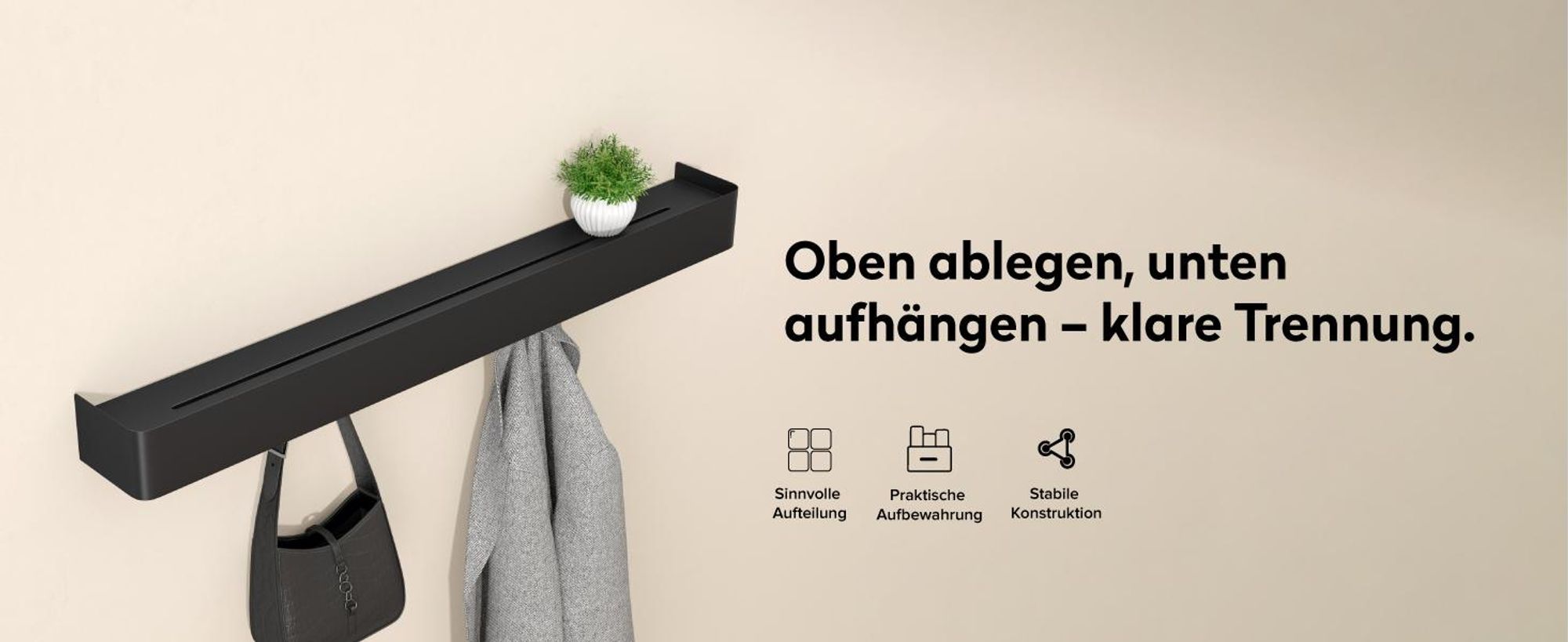 doporro Wandgarderobe mit Ablage, Garderobenleiste 80 cm mit 8 Garderobenhaken, Kleiderhaken Wand ohne Bohren (Kleben) Sandschwarz, Reglo-05