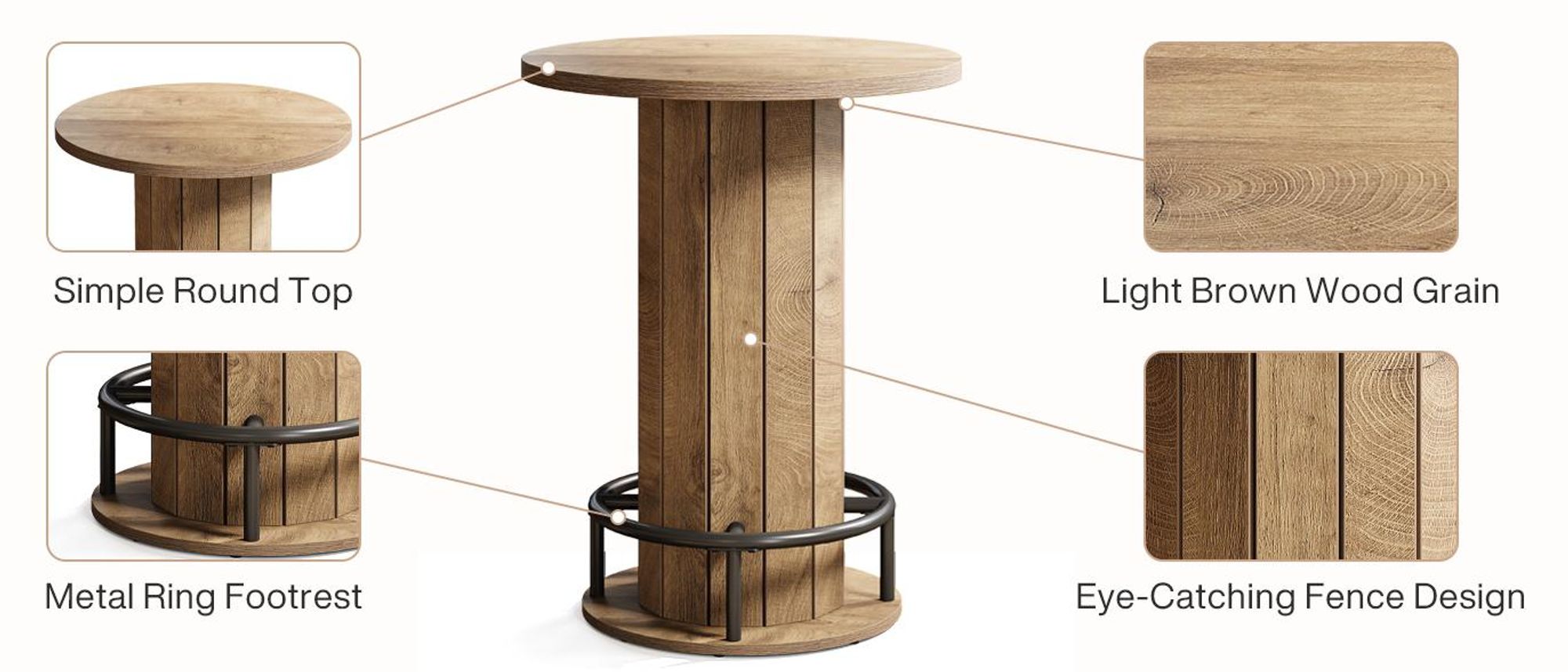 Tribesigns Runder Bartisch, 100 cm hoch, Holz, Bistrotisch mit Metallring-Fußstütze für Esszimmer, Kaffee, Cocktail, Wohnzimmer, Hellbraun