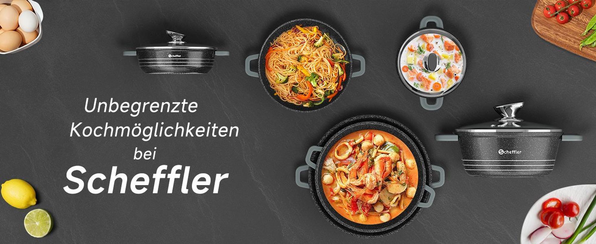 Scheffler Servierpfanne Induktion, 28 x 7,5 cm Schmorpfanne aus Aluminiumguss, Pfanne Bratpfanne mit Marmor-Antihaftbeschichtung, Glasdeckel