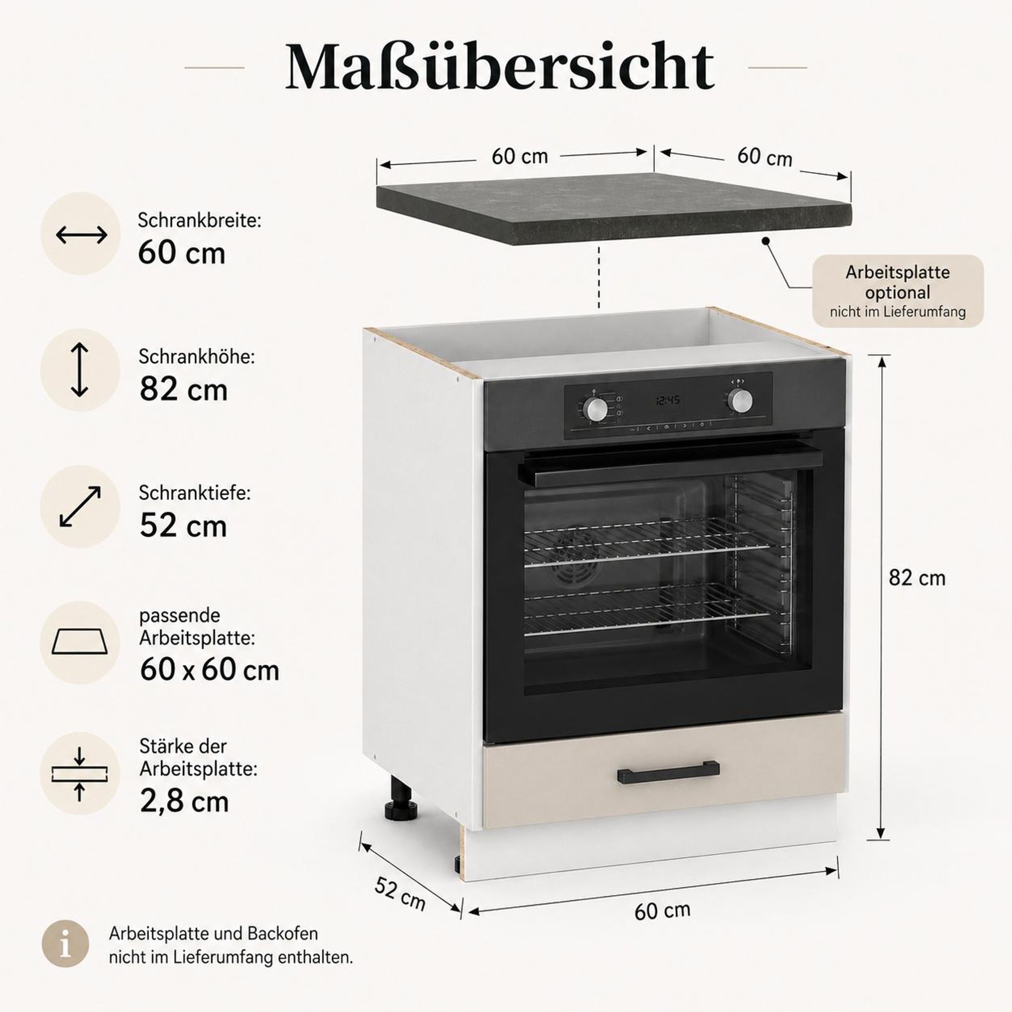 Herd-Umbauschrank 60 cm Kaschmir Beige: Maßübersicht für Arbeitsplatte 60x60 cm.