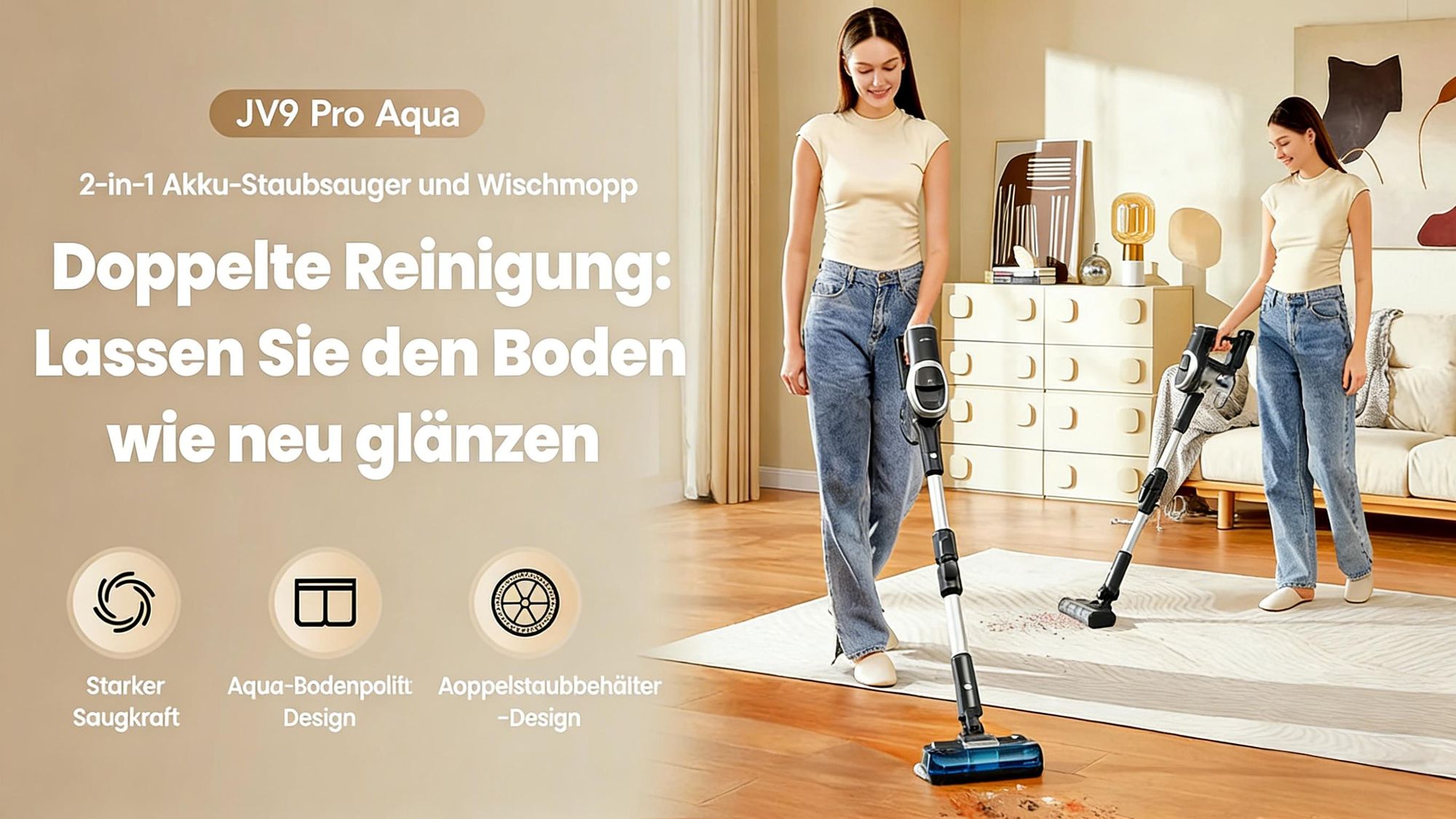 JIMMY JV9 Pro Aqua Akku-Staubsauger-160AW Saugleistung-45 Minuten Laufzeit-HEPA-Filter-500 ml Wassertank-LED-Display