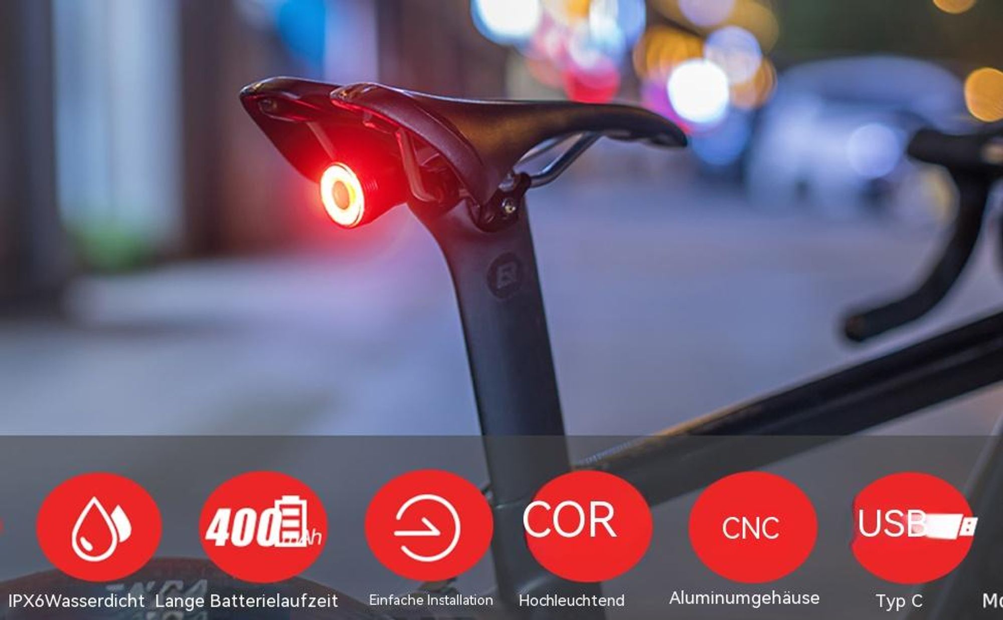 Smartes Fahrradrücklicht mit Bremslicht, StVZO LED Fahrrad Rücklicht Hinten, USB-C Aufladbar, IPX6 Wasserdicht für E-Bikes, MTB und Rennrad