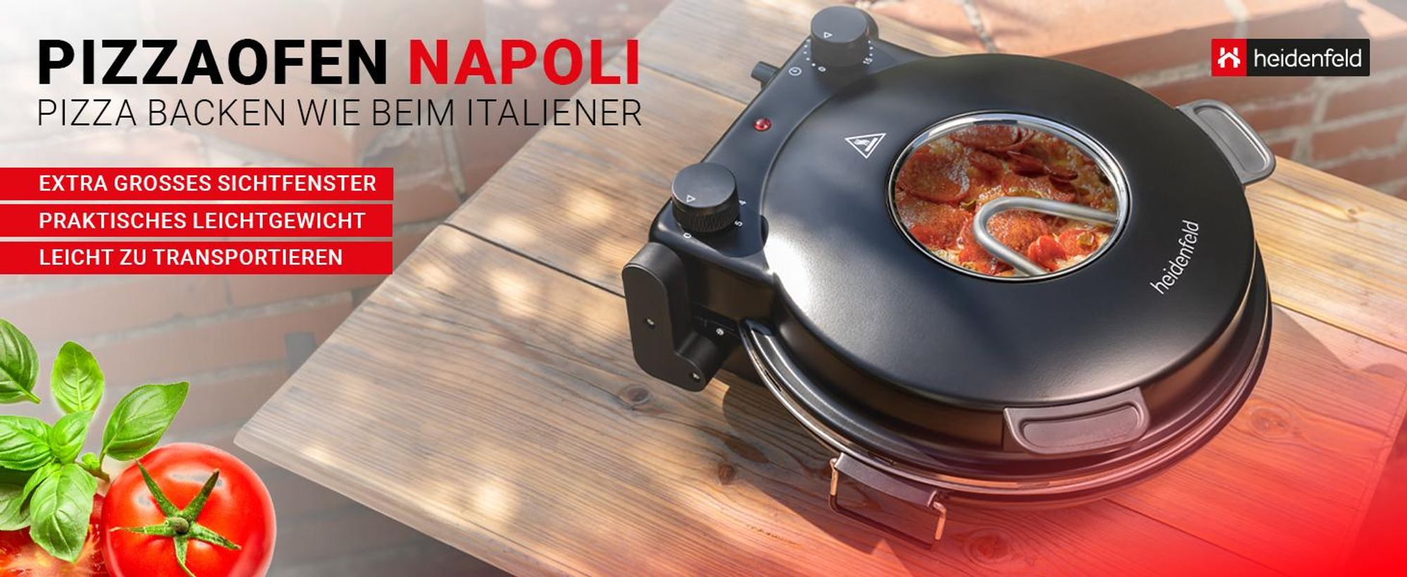 Heidenfeld Pizzaofen Napoli | Mobiler elektrischer Pizza Ofen - Bis 400°C - 1200 Watt - 135 mm großes Sichtfenster - Pizzastein - Timer