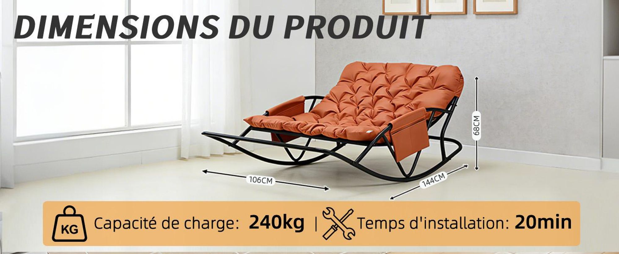 Fauteuil à bascule extérieur pour deux avec coussin et repose-pieds, chambre, salon, terrasse, jardin, balcon, 240 kg, tissu technique, orange